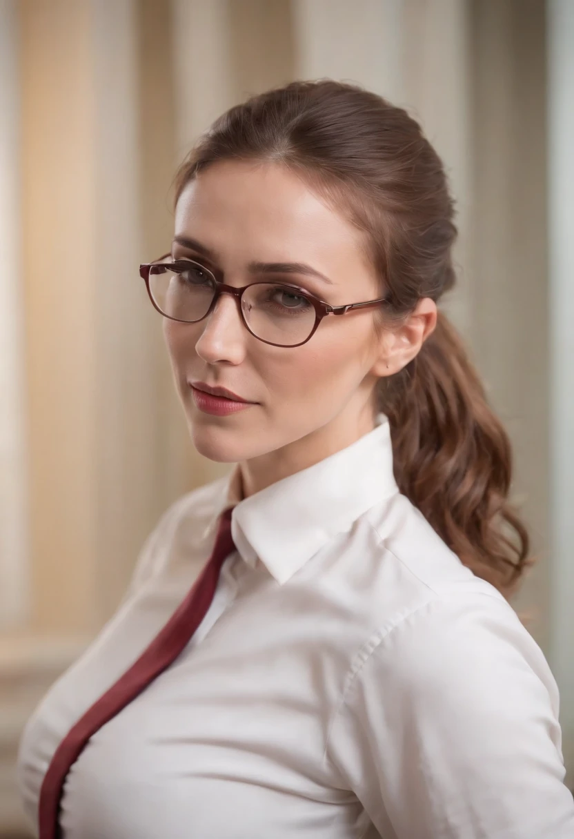 A gorgeous nerd (big glasses, tight hairdo, no make up, button up shirt with pocket protector, plain slack pants), investigating the battle map om the table, her character sheet and dice are nearby

