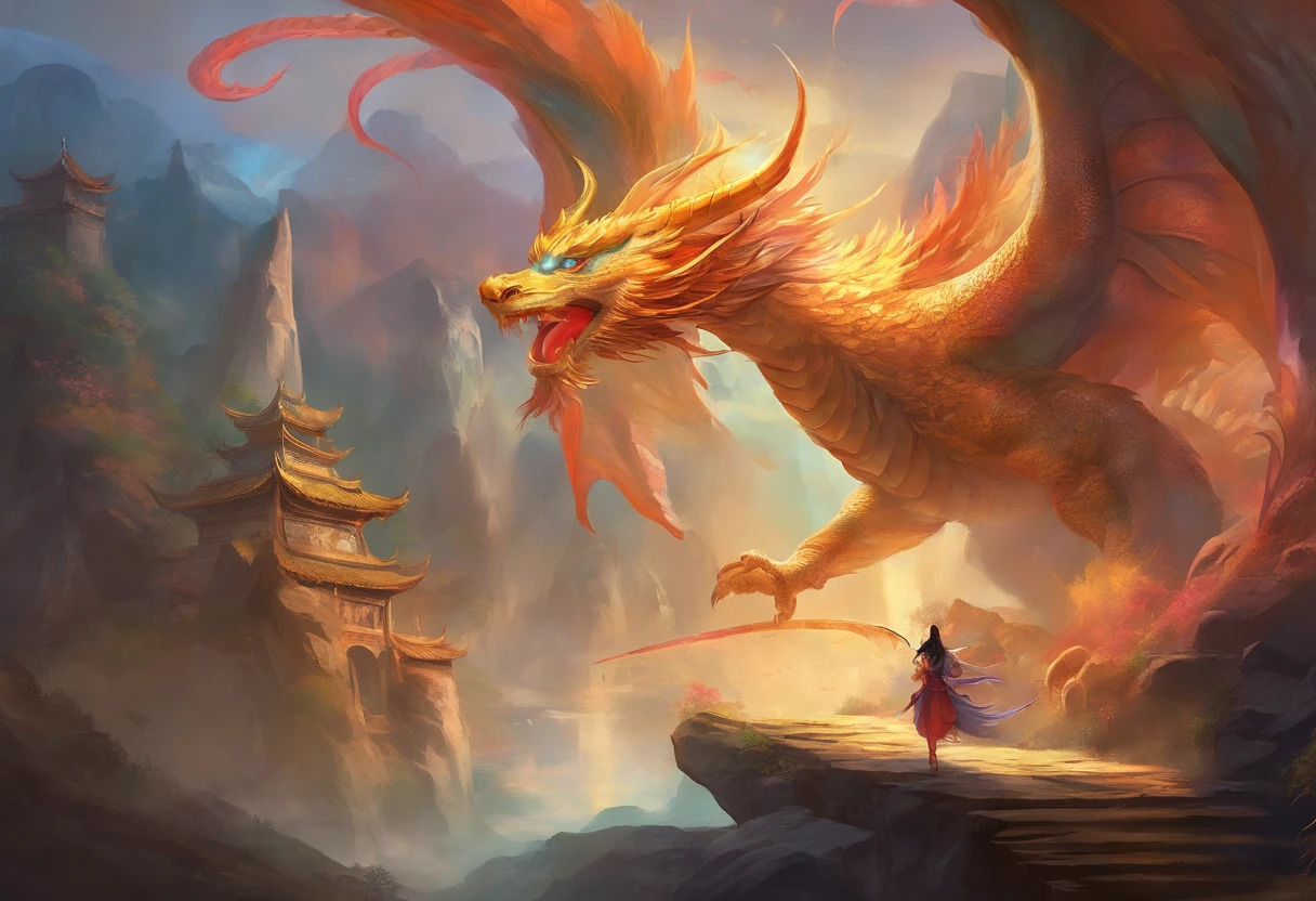mythological creatures，chinesedragon，Traditional Chinese elements，Ancient murals，Illustrative myths，Fuyao Legend，Dappled light，Hazy haze，mystical aura，tmasterpiece，k hd，Rich in color，Detailed details，Seven colors