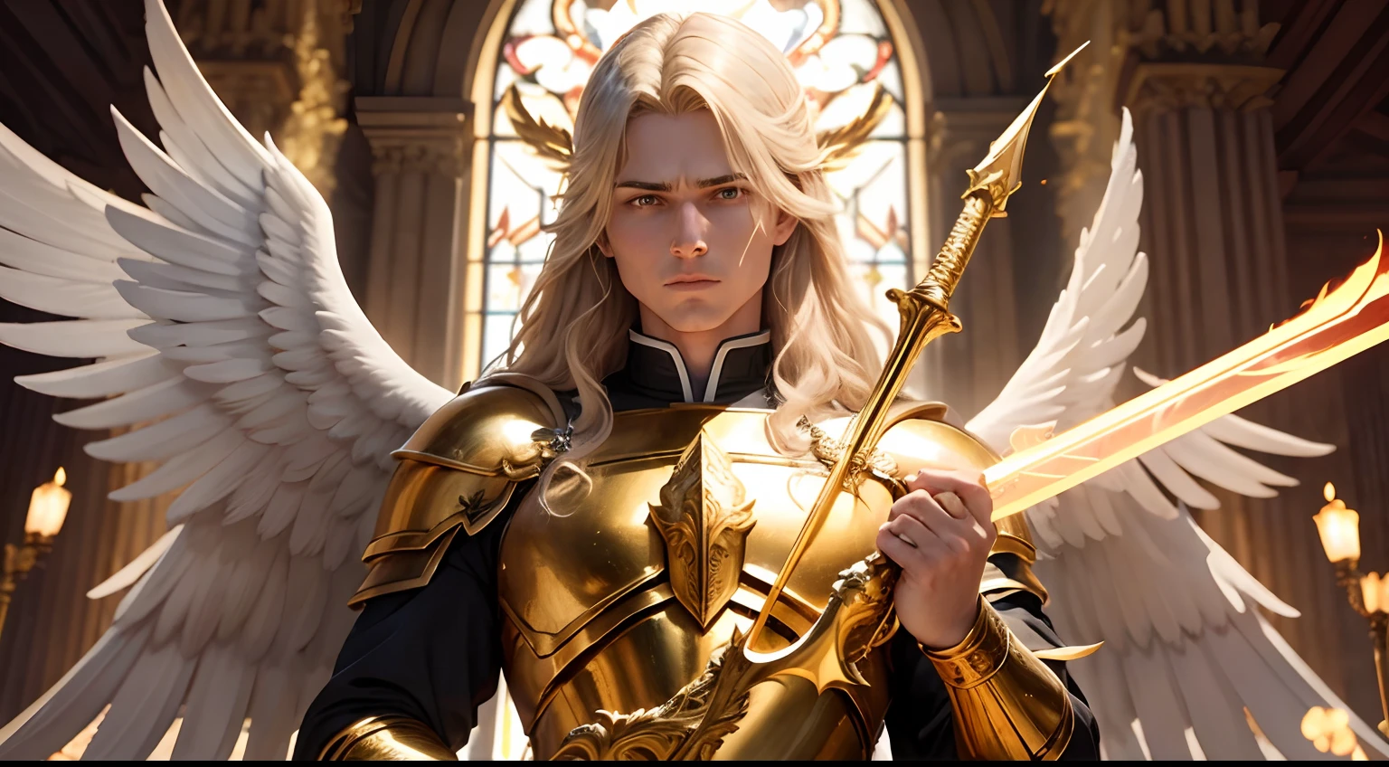 Archangel Raguel man, facial expression of justice, with fire sword in hand, detailed wings, saint angel, celestial image, golden armor, golden hair. full hd, rich details