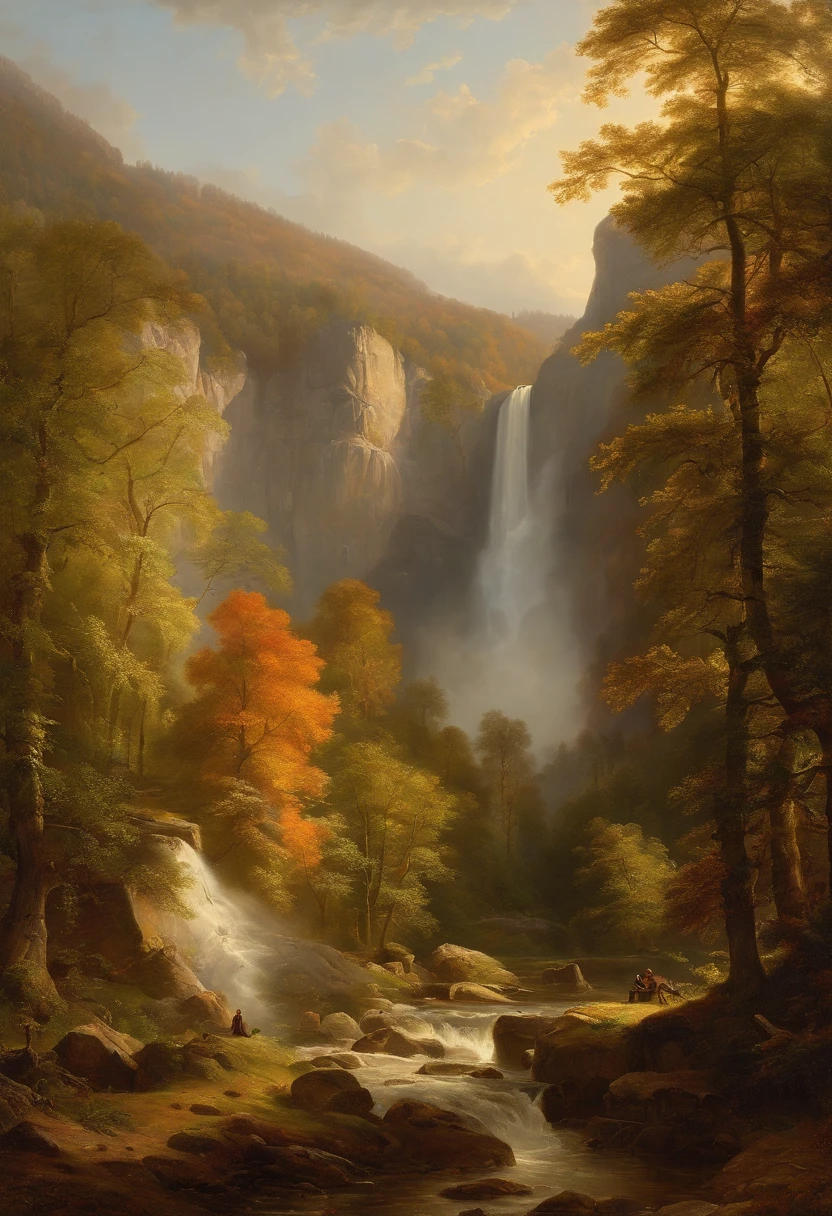Painting of a river with a house and a waterfall in the middle, Romantic landscape of Saxon Switzerland, inspiriert von Carl Hilger, Albert Bierstadt 4 K, Romantik Landschaftsmalerei, Hudson River Schule, von August Friedrich Schenck, von Alexander Nasmyth, von Robert S. Duncanson, Alpine landscape with hut, by Joseph von Führich, Ludwig Richter Landschaft, warmes Herbstlicht, Licht und Schatten, Woman sitting at the foot of a tree in sunlight