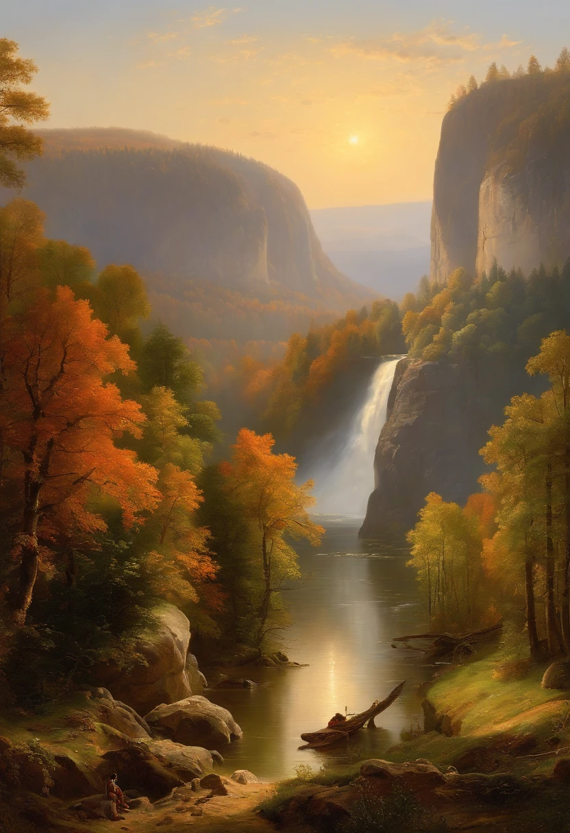 Painting of a river with a house and a waterfall in the middle, Romantic landscape of Saxon Switzerland, inspiriert von Carl Hilger, Albert Bierstadt 4 K, Romantik Landschaftsmalerei, Hudson River Schule, von August Friedrich Schenck, von Alexander Nasmyth, von Robert S. Duncanson, Alpine landscape with hut, by Joseph von Führich, Ludwig Richter Landschaft, warmes Herbstlicht, Licht und Schatten, Woman sitting at the foot of a tree in sunlight