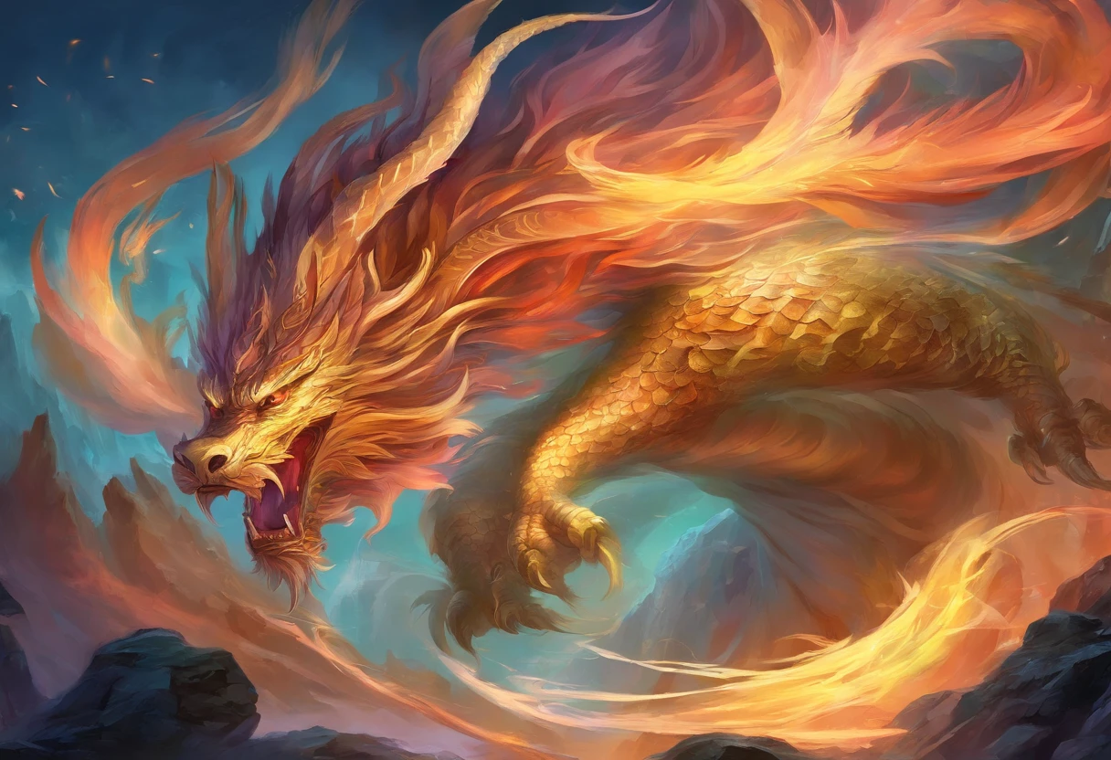mythological creatures,chinesedragon,Traditional Chinese elements,Ancient murals,Illustrative myths,Fuyao Legend,Dappled light,Hazy haze,mystical aura,tmasterpiece,k hd,Rich in color,Detailed details,Seven colors