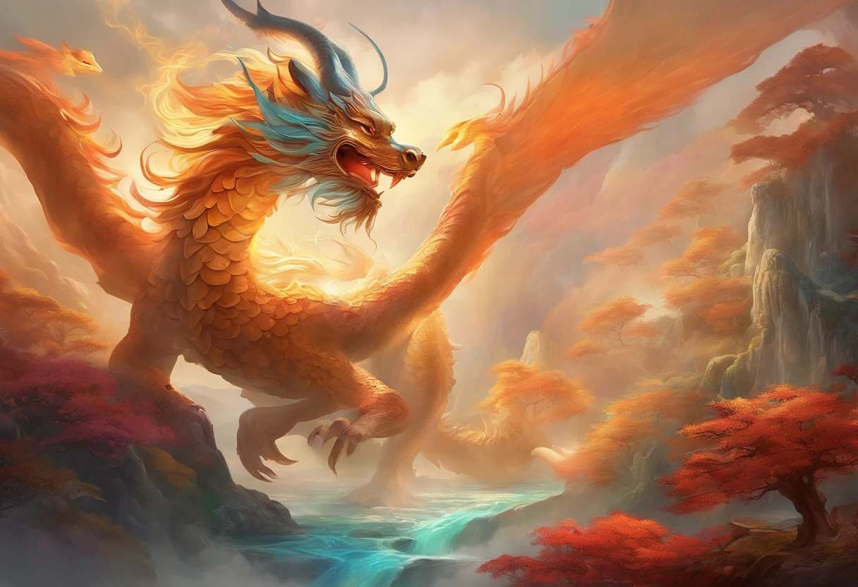 mythological creatures,chinesedragon,Traditional Chinese elements,Ancient murals,Illustrative myths,Fuyao Legend,Dappled light,Hazy haze,mystical aura,tmasterpiece,k hd,Rich in color,Detailed details,Seven colors