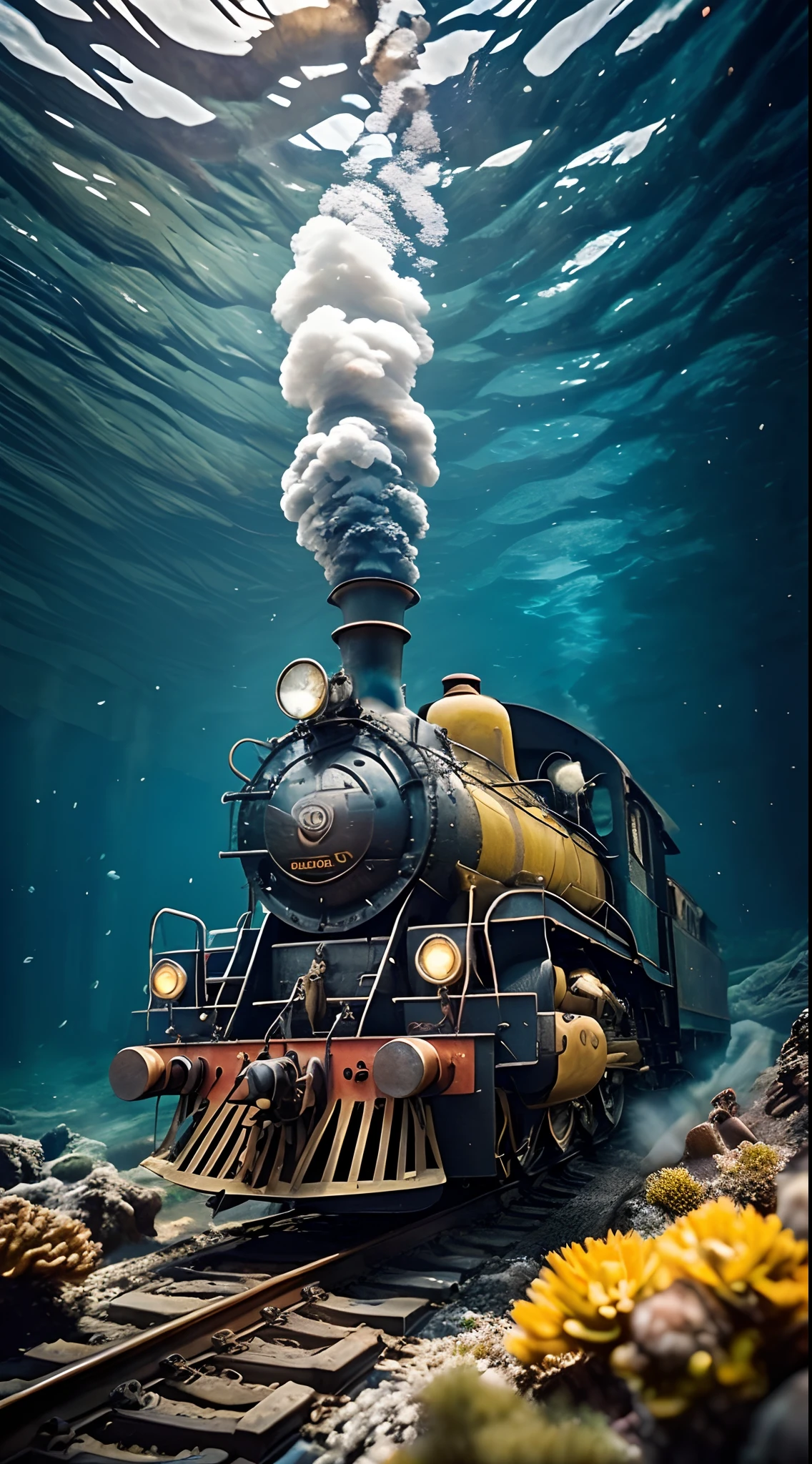 a steam locomotive rides on rails underwater, steam from a pipe