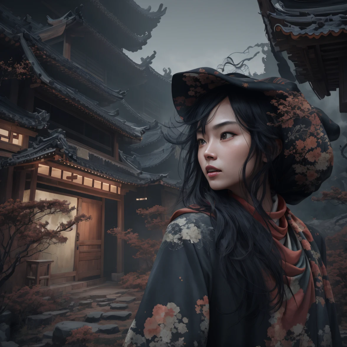 Side 32K,exteriors,Roof,People are small(tmasterpiece,k hd,hyper HD,32K)Long flowing glossy black hair,Tang dynasty complex,zydink, a color,mid afternoon(canyons), (Linen batik scarf), Combat posture, looking at the ground, Linen bandana, Chinese python pattern long-sleeved garment, Morning(Abstract gouache splash:1.2), Dark clouds lightning background,sprinkling(realisticlying:1.4),Black color hair,The dust is blowing,Background fog, A high resolution, the detail, RAW photogr, Sharp Re, Nikon D850 Film Stock Photo by Jefferies Lee 4 Kodak Portra 400 Camera F1.6 shots, Rich colors, ultra-realistic vivid textures, Dramatic lighting, Unreal Engine Art Station Trend, cinestir 800,Flowing and shiny black hair,(((National style building)))Full-body side