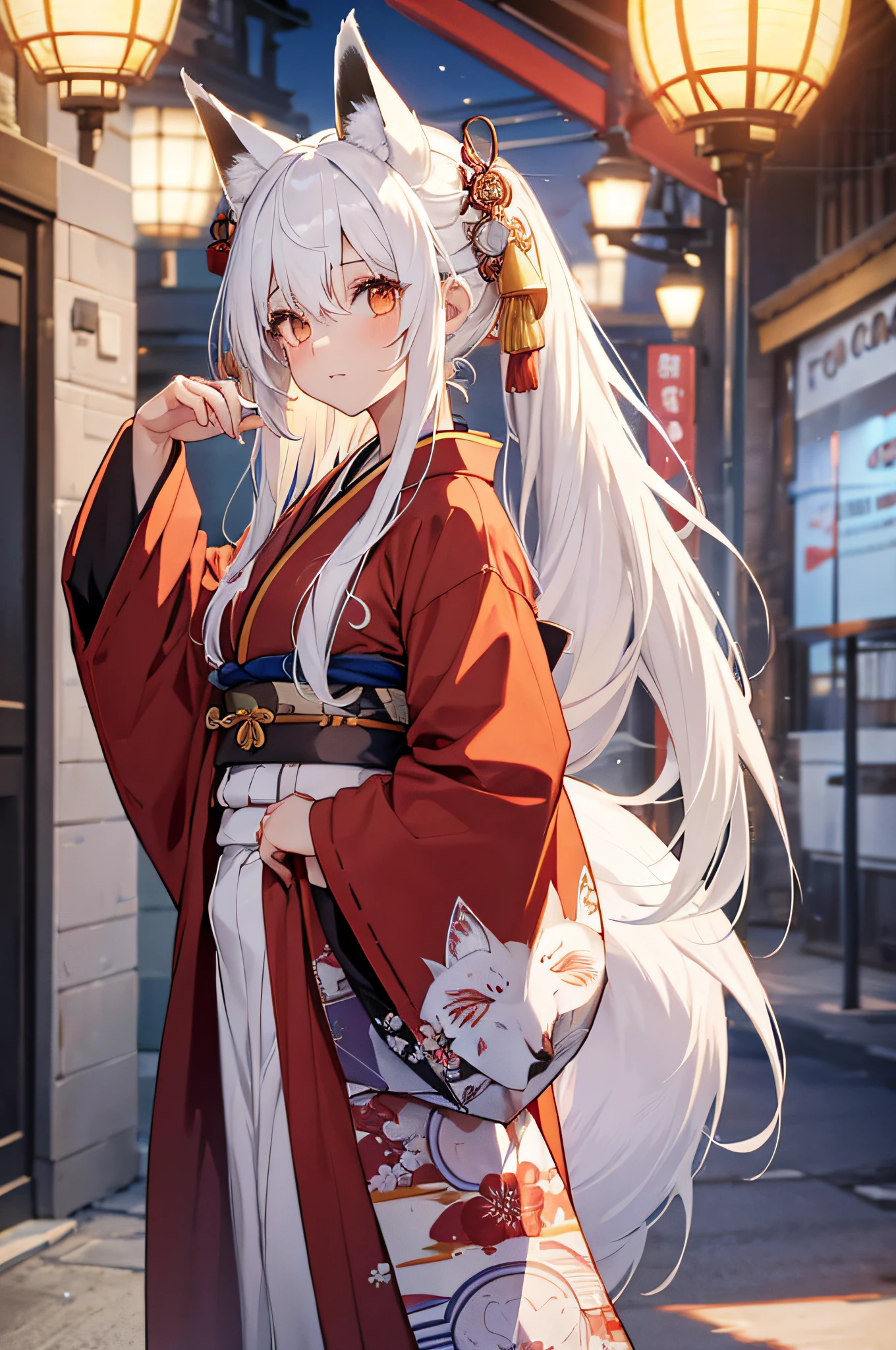 1 girl(white hair,fox snout, fox tails, fox ears), wearing a kimono covering her body