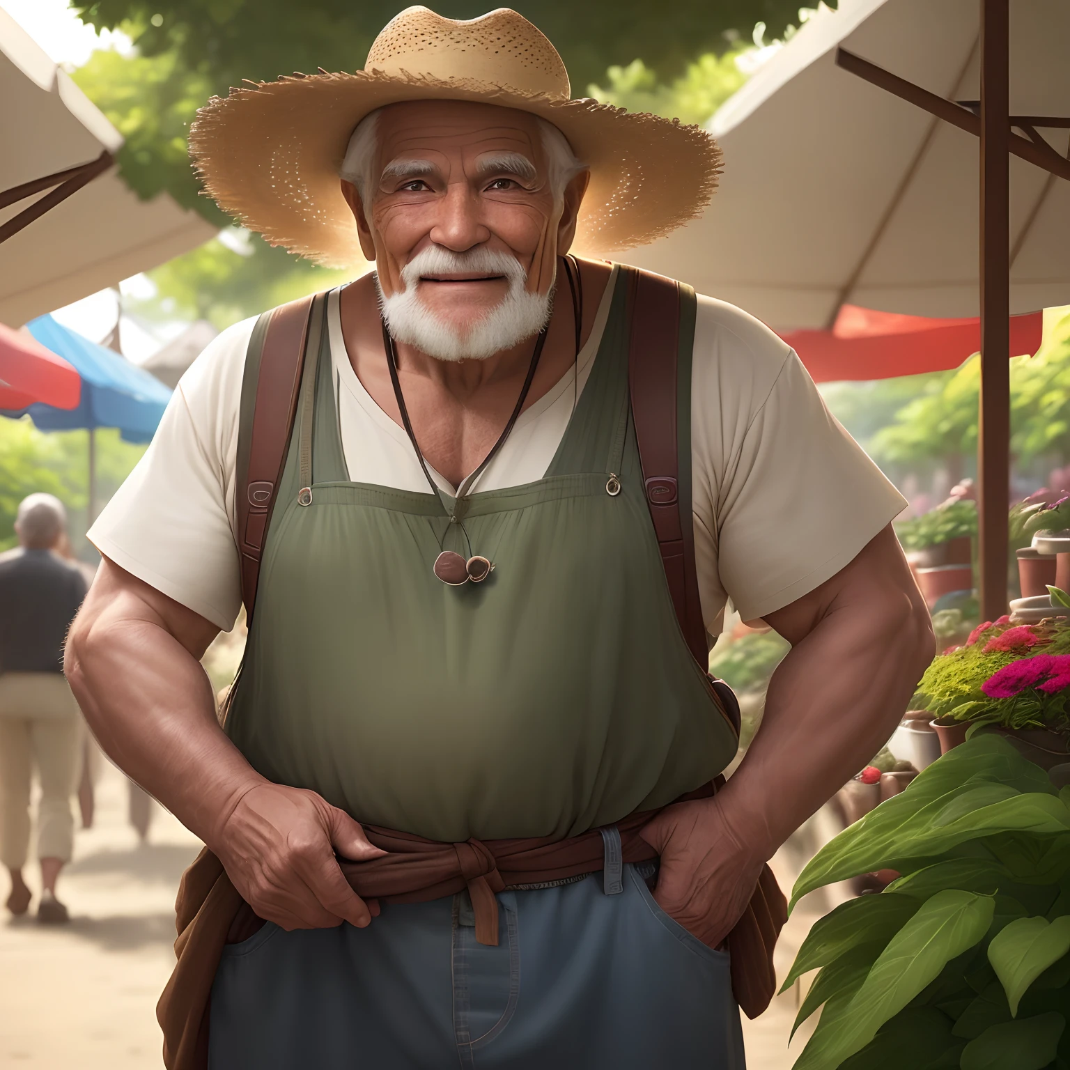 An elderly man selling plants, strong and energetic. He has a muscular build, a friendly and approachable demeanor, and a warm smile. He is wearing a worn-out straw hat, a loose-fitting shirt, and pants with pockets full of plant seeds. His hands are rough from years of working with soil and plants. The plants he sells are vibrant and healthy, with colorful flowers and lush green leaves. The market where he sells his plants is bustling with people, and there is a sense of joy and liveliness in the atmosphere. The sunlight filters through the canopy of trees, casting dappled shadows on the ground. The color palette of the scene is vibrant and rich, with a warm and inviting tone. The overall lighting is soft and diffused, creating a serene and peaceful ambiance. The details of the man's face, especially his wise and kind eyes, are depicted with utmost realism and attention to detail. The painting exudes a sense of authenticity and captures the beauty of nature and human connection. (best quality, highres, ultra-detailed, realistic:1.37), portrait, vibrant colors, warm and inviting tone, soft and diffused lighting.
