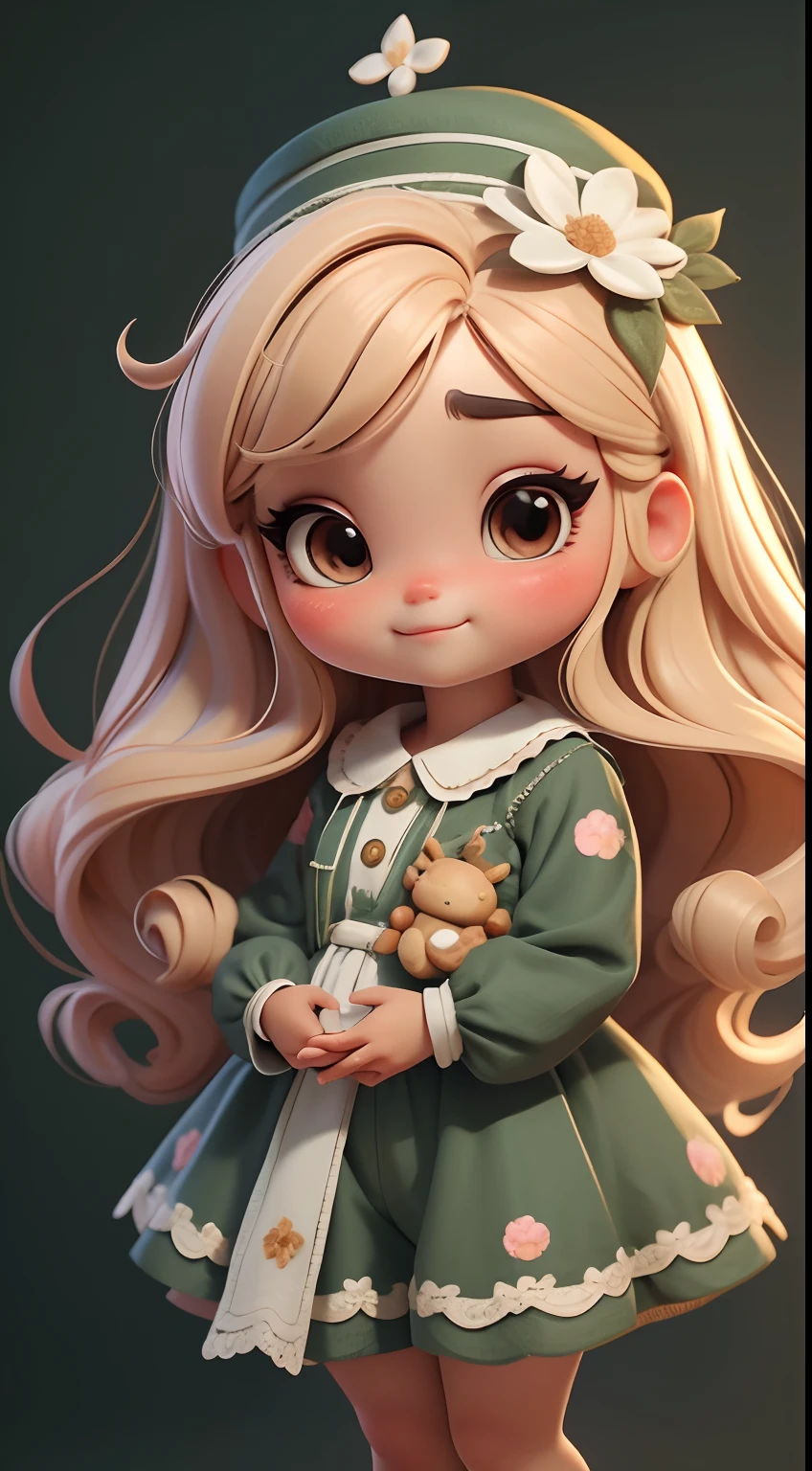 Create a series of cute baby chibi style loli dolls with a cute forest theme, sorridente e fofa, each with lots of detail and in an 8K resolution. All dolls should follow the same solid background pattern and be complete in the image, mostrando o (corpo inteiro, incluindo as pernas: 1.5)

Boneca fada: Chame-a de Bella. Ela deve ter cabelo longo e cacheado em tons castanho e preto. Seus olhos devem ser grandes e brilhantes, with long eyelashes and rosy cheeks. Bella should be dressed in a country-style jumpsuit, delicado, florido e detalhado. She should wear a hat and no accessories on her hands, deixando elas sem nada. Don't forget the details, com detalhes coloridos e enfeites encantadores, sapato bonito

Certifique-se de adicionar sombras, texturas e detalhes nos cabelos, roupas de cada boneca, to make them even more adorable and charming.