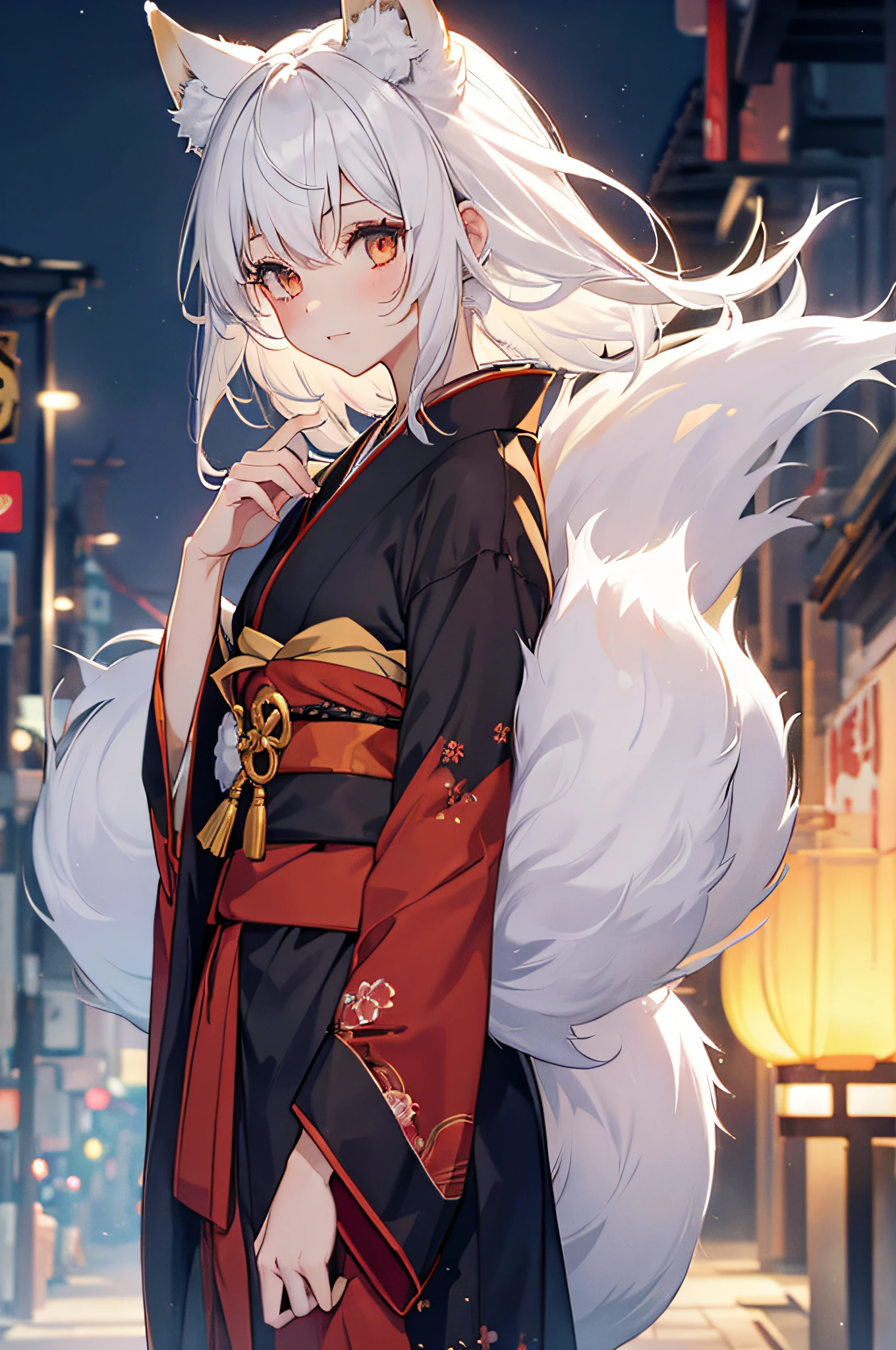 Adult woman, short white hair, high ponytail, fox ears and tail, Yellow eyes, black funeral kimono, pink lipstick, Masterpiece, hiquality