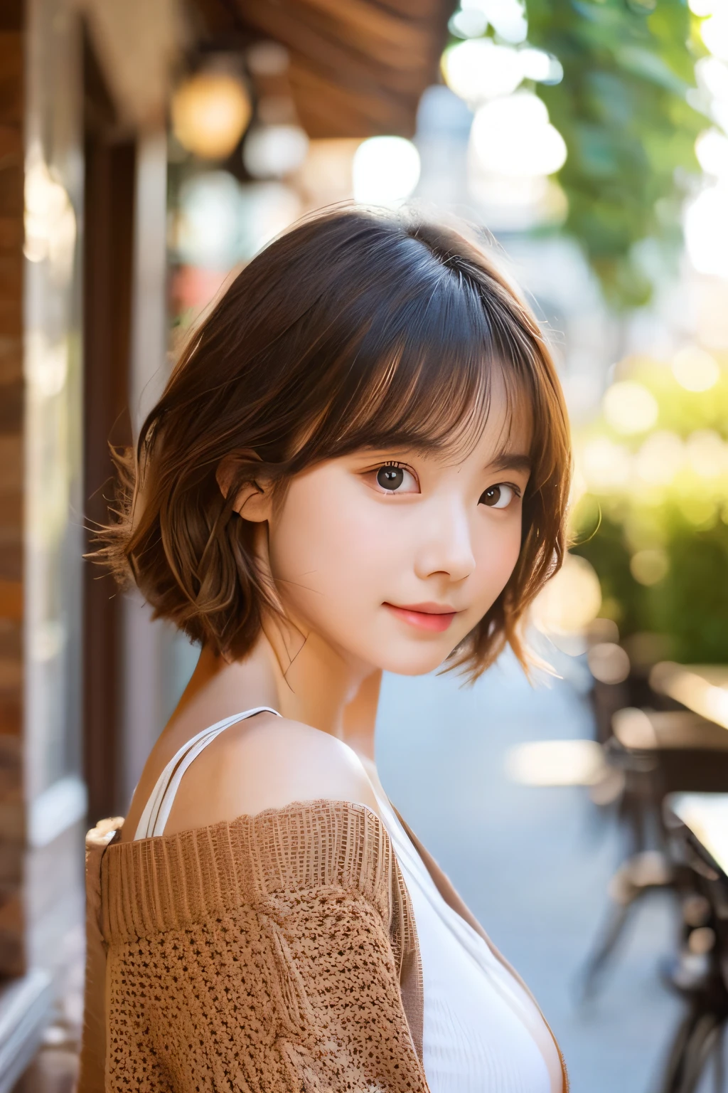 top-quality、ultra-detailliert、masterpiece、realisitic、Photo Real、one girls、(Cute 17 year old girl、small head)、(kawaii:1.2)、bewitching、(Brown hair、Short bob hair)、eyes are brown、perfect glossy skin、((A slender))、Constricted hips、((Perfect body))、model poses、accurate depiction、face perfect、Brown cardigan、White shirt、off shoulders、large full breasts:1.1、Facing the front、Bright lighting、Sunnyday、cafes、terraces、Blur the background