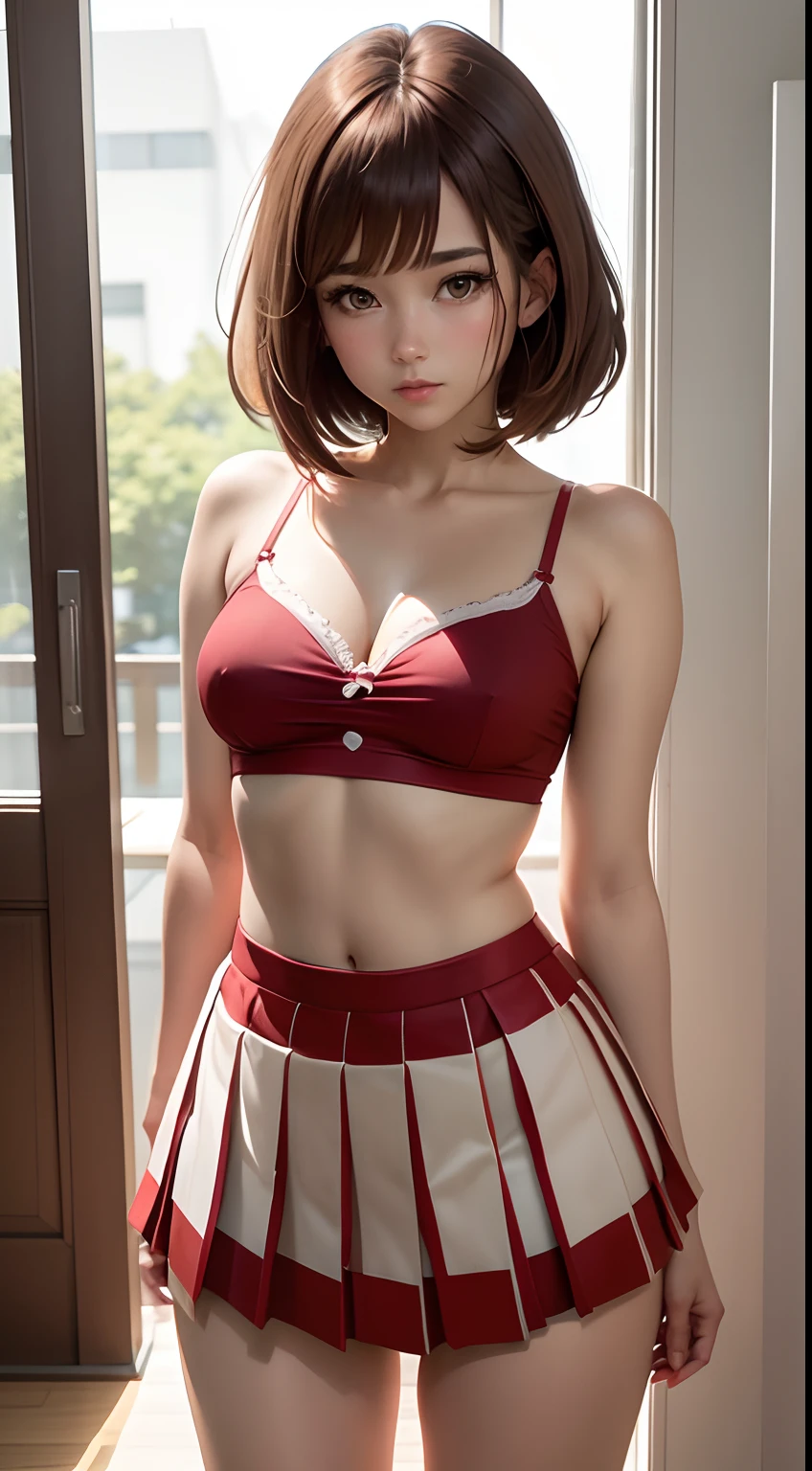 Anime image quality、32years old、Beautuful Women、brown haired、short-hair、poneyTail、White bra、Red mini skirt、Red pleated skirt、Red panties、FULL BODYSHOT