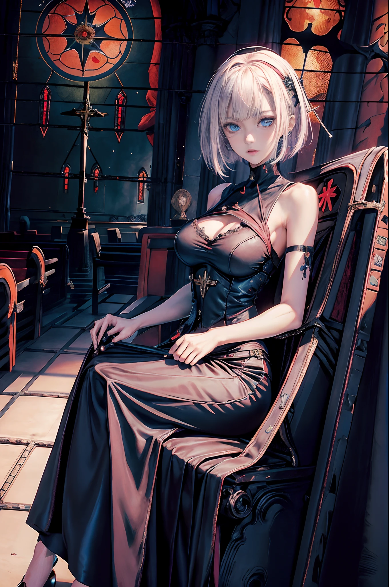 masutepiece,1girl in, Best Quality,cyberpunked,(Alternative、dim colors, Soothing tones:1.3),NSFW(Beautuful Women、Detailed beautiful facial features、Medium bob、blue eyess、slenderbody:1.3)(well-shaped breasts、Slit skirt、formal suit:1.5)(Sit on a long chair in a church:1.8)(Inside the church、deep in the night、I can see the red moon from the window:1.5)
