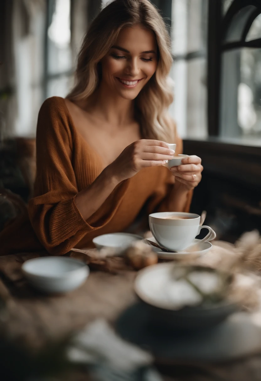 Professional full body photo, (Foto 4K:1.1) bis (Jeremy Lipking:0.3), (Dittmann Anna:0.3), (jiner:0.3), (Scharfer Fokus:1.3), Hohe Detailgenauigkeit, He is holding a cup of coffee in his smiling hand, blondes Haar, Pose des Instagram-Models, sicher, fit girl, skinny girl, small boobs:1.2, Perfekte Anatomie, Perfekte Symmetrie:1.2, Realistisch, Realistisches Gesicht:1.2, Perfektes Gesicht, Inhalt, sicher, sehr detailliert, und Drama, Beleuchtung filmisch, Lichtszene, Weiches Licht
