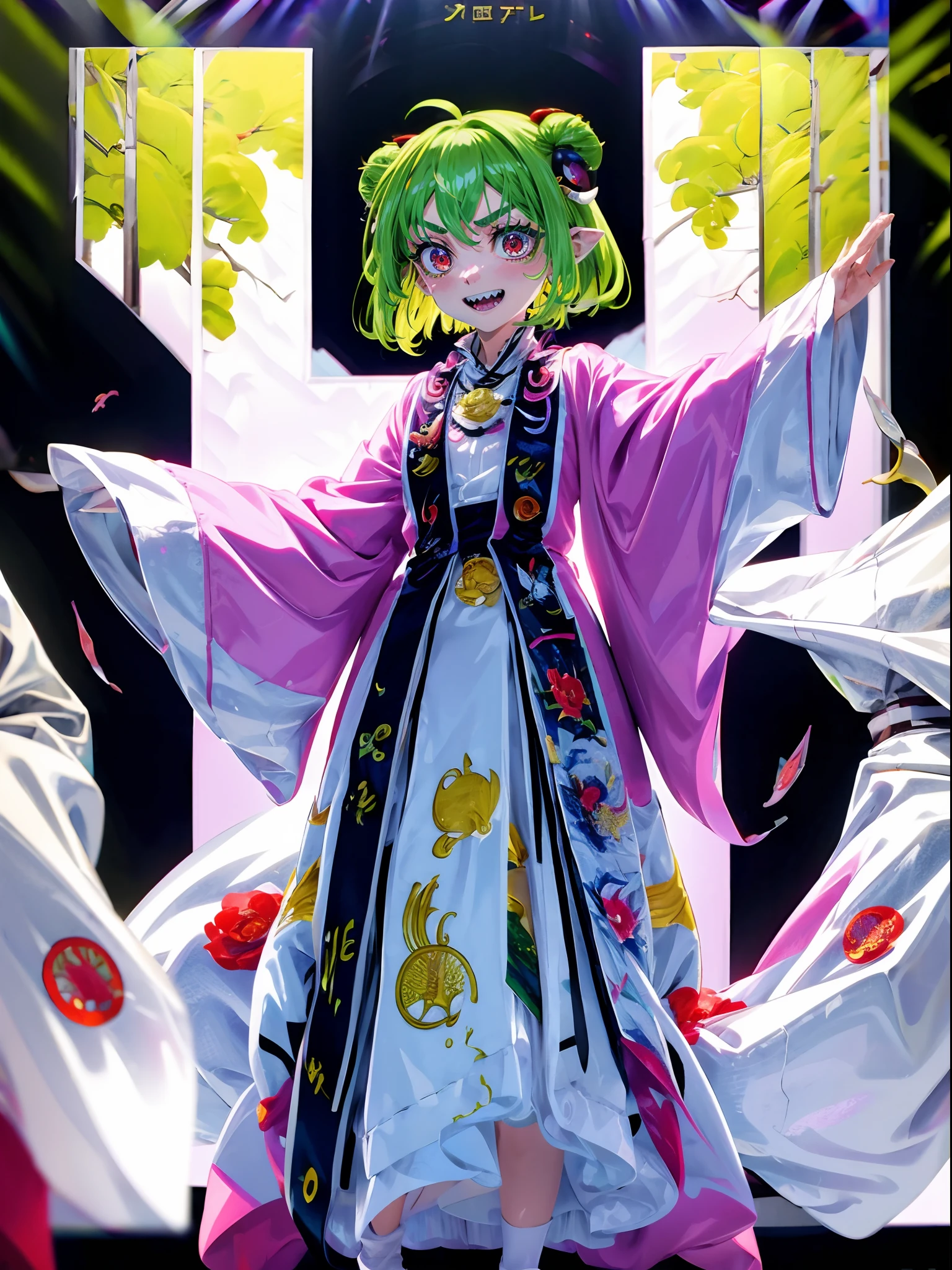 ****, green hair, red eyes, white robe, hornes, sharpteeth, standing solo focus, white robe,demongirl, pants, long skirt, short hair, flatchest, Daoist_Robe, demon hornes, long horns, smile, happy, hand