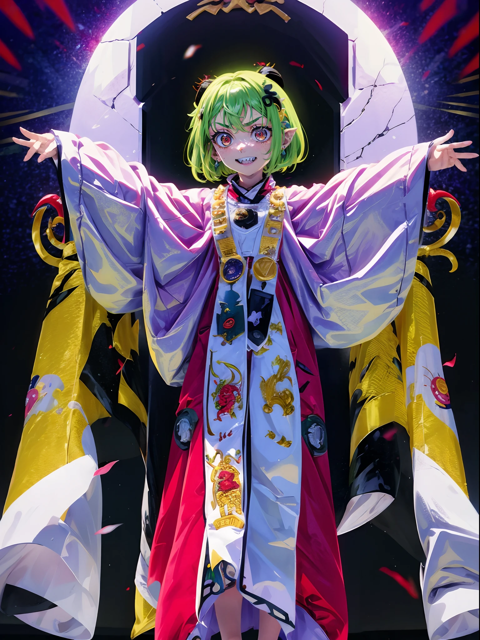 ****, green hair, red eyes, white robe, hornes, sharpteeth, standing solo focus, white robe,demongirl, pants, long skirt, short hair, flatchest, Daoist_Robe, demon hornes, long horns, smile, happy, hand