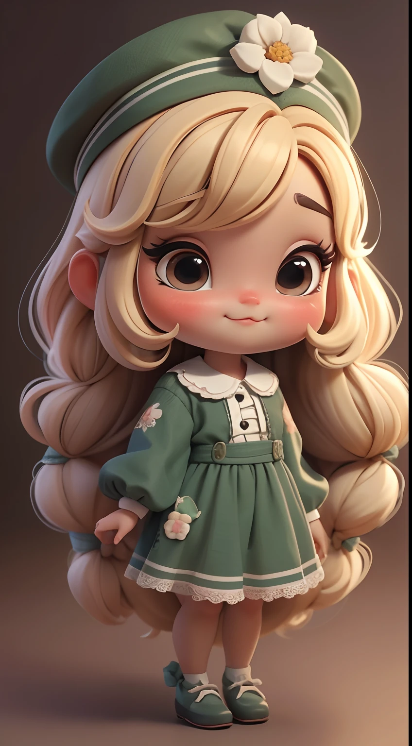 Create a series of cute baby chibi style loli dolls with a cute forest theme, sorridente e fofa, each with lots of detail and in an 8K resolution. All dolls should follow the same solid background pattern and be complete in the image, mostrando o (corpo inteiro, incluindo as pernas: 1.5)

Boneca fada: Chame-a de Bella. Ela deve ter cabelo longo e cacheado em tons castanho e preto. Seus olhos devem ser grandes e brilhantes, with long eyelashes and rosy cheeks. Bella should be dressed in a country-style jumpsuit, delicado, florido e detalhado. She should wear a hat and no accessories on her hands, deixando elas sem nada. Don't forget the details, com detalhes coloridos e enfeites encantadores, sapato bonito

Certifique-se de adicionar sombras, texturas e detalhes nos cabelos, roupas de cada boneca, to make them even more adorable and charming.