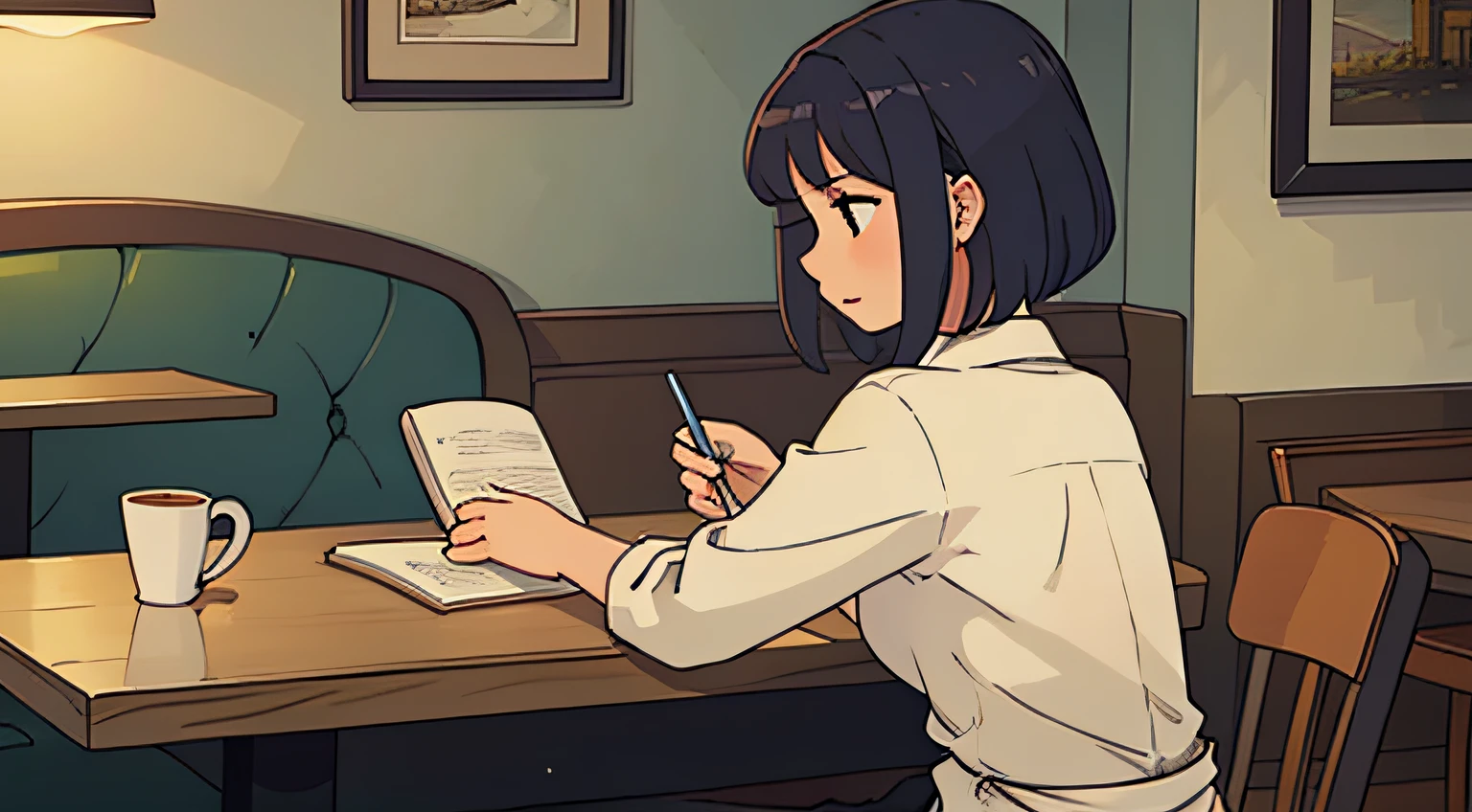 Woman reading a book in a café、Rear view
