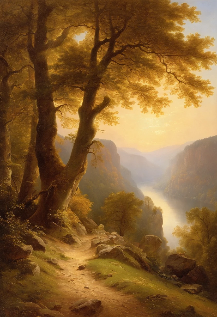 Painting of a river with a house, Romantic landscape of Saxon Switzerland,  inspiriert von Carl Hilger, Albert Bierstadt 4 K, Romantik Landschaftsmalerei, Hudson River Schule, von August Friedrich Schenck, von Alexander Nasmyth, von Robert S. Duncanson, Alpine landscape with hut, by Joseph von Führich, Ludwig Richter Landschaft, warmes Herbstlicht, Licht und Schatten, Woman sitting at the foot of a tree in sunlight, Wanderer laufen auf dem Weg, Licht und Schatten