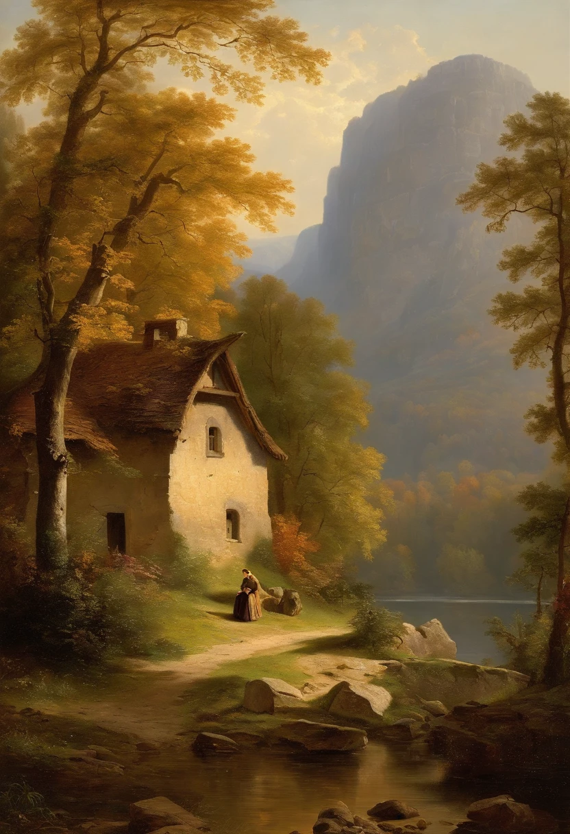 Painting of a river with a house, Romantic landscape of Saxon Switzerland,  inspiriert von Carl Hilger, Albert Bierstadt 4 K, Romantik Landschaftsmalerei, Hudson River Schule, von August Friedrich Schenck, von Alexander Nasmyth, von Robert S. Duncanson, Alpine landscape with hut, by Joseph von Führich, Ludwig Richter Landschaft, warmes Herbstlicht, Licht und Schatten, Woman sitting at the foot of a tree in sunlight, Wanderer laufen auf dem Weg, Licht und Schatten