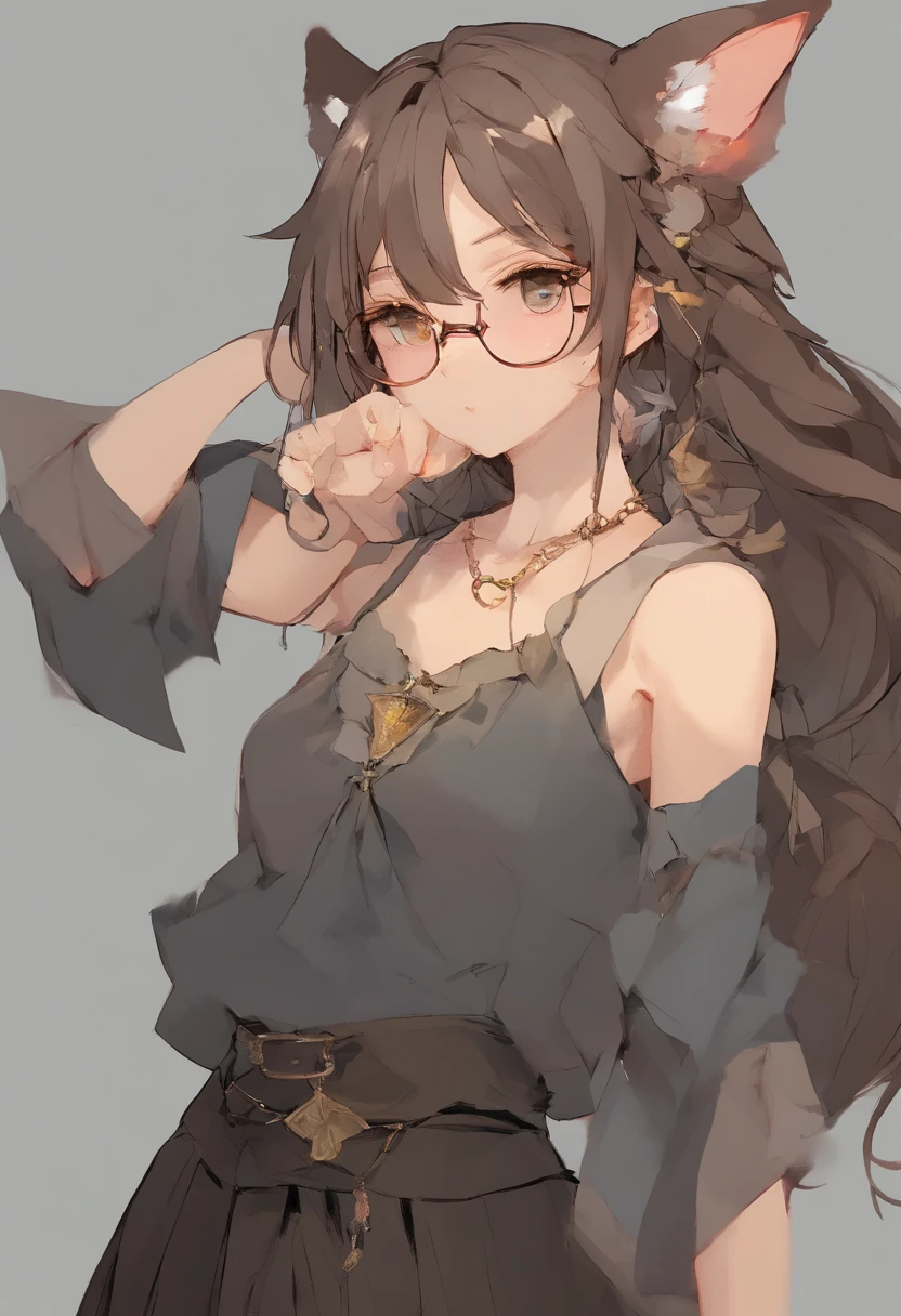 Girl, short height, slight rosy skin, freckes on brige of nose, ruffled short dark grass-green color hair with two elongated strands on the sides of the head, orange eyes with white cruciform pupil, bags and small dark circles under the eyes, small fluffy rabbit tail, thin hare-like ears on the top of the head, small black claws on the fingertips, wears a tight-fitting black sleeveless blouse, small round-rimmed glasses, long black fingerless gloves to the middle of the forearms with brown straps, baggy gray-brown pants with hanging straps and secured small handbags, slightly dirty patent brown lace-up boots, yellow poncho, red norigae earring on left hare-like ear, dark gray radio receiver on the belt with a pendant in the form of a tiny matryoshka doll, hold glass shard in right hand, looking on glass shard, slightly tired expression on face, full hegth, space on the background in which fragments of glass of different shapes are flying in which some events are visible., pensive, ray tracing, anime, Pop art, Ghibli-like colours, 4K, high details