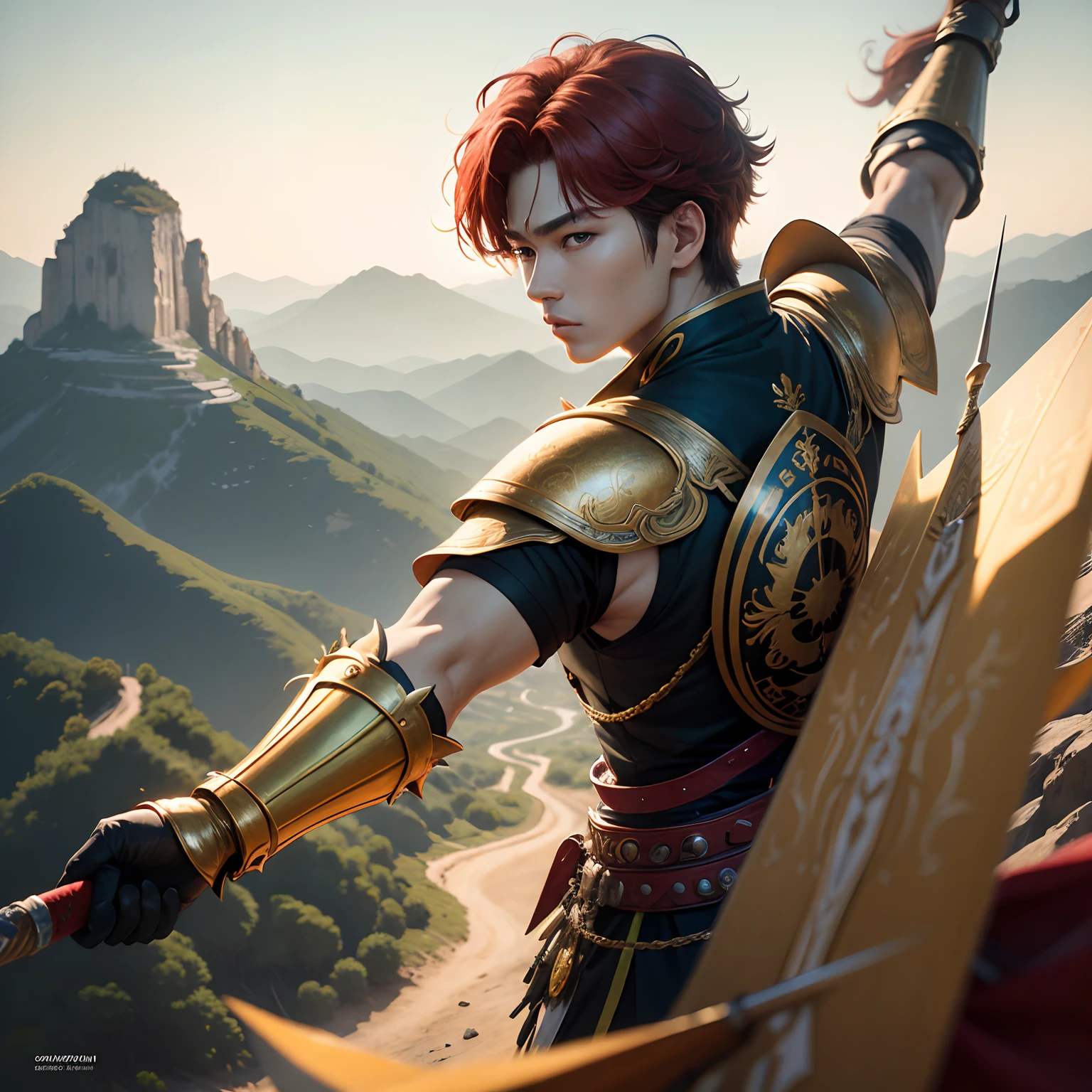 Realistic photo of Yeonjun, a red-haired Korean TXT group member in which he is flying over a mountain and wearing a golden metal armor that covered half of his face, He was in battle position with a spear with sharp points, tinha cabelos ruivo, paisagem natural, cinematic lighthing, poeira, serious eyes, cor dos olhos verdes