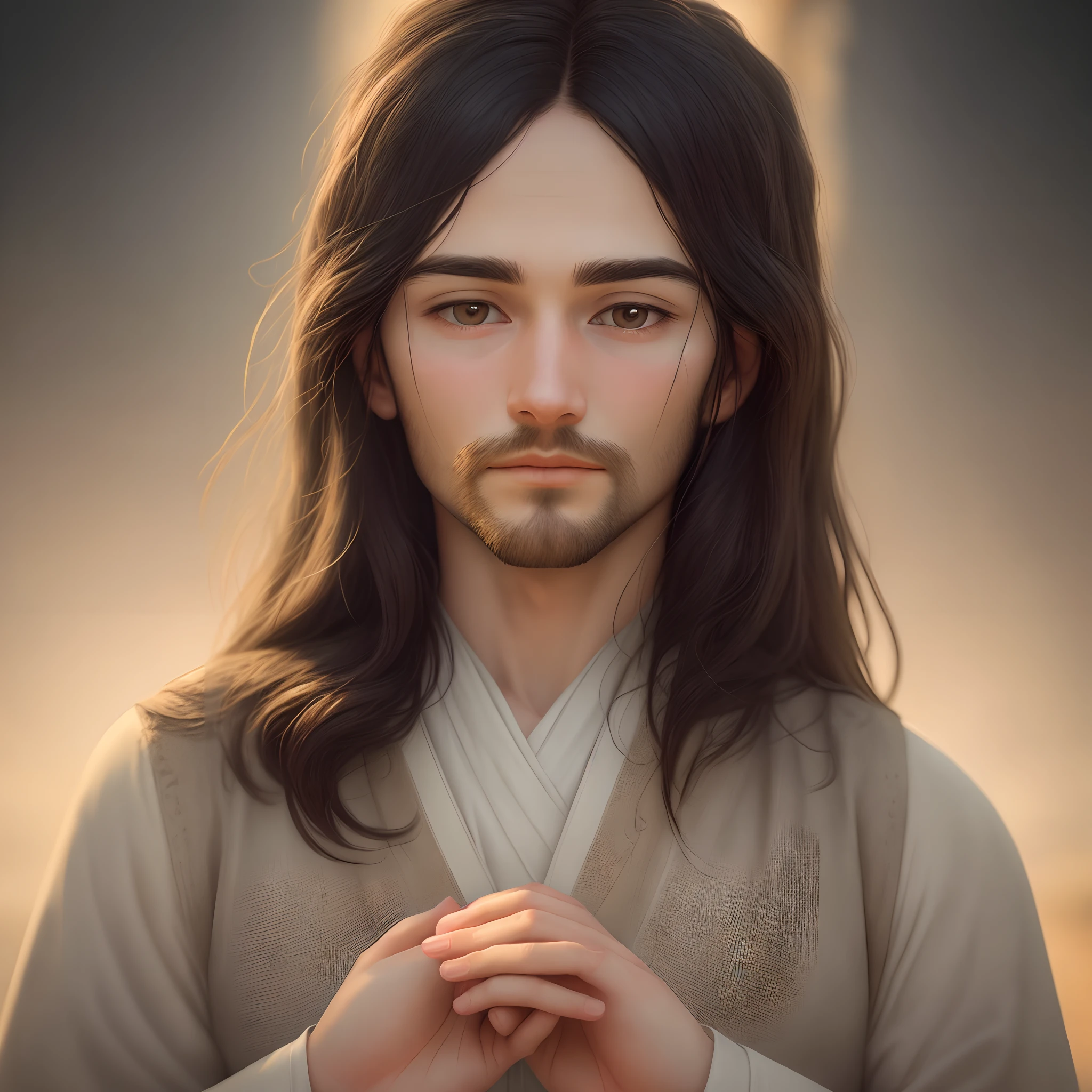 please create high-definition images of Jesus Christ that convey a sense of serenity and compassion in the image of jus should be portrayed in a respectful and reverent manner traditional to biblical times he can be in a tranquil natural setting with soft golden light that highlights his face and figure his gaze should convey wisdom love while his hands can be open in a gesture of welcome the image should be detailed and realistic with attention to small details with textures of the clothes, facial straits, or main focus should be the facial expression of Jesus and the atmosphere should be spiritual calm with the scene it evokes