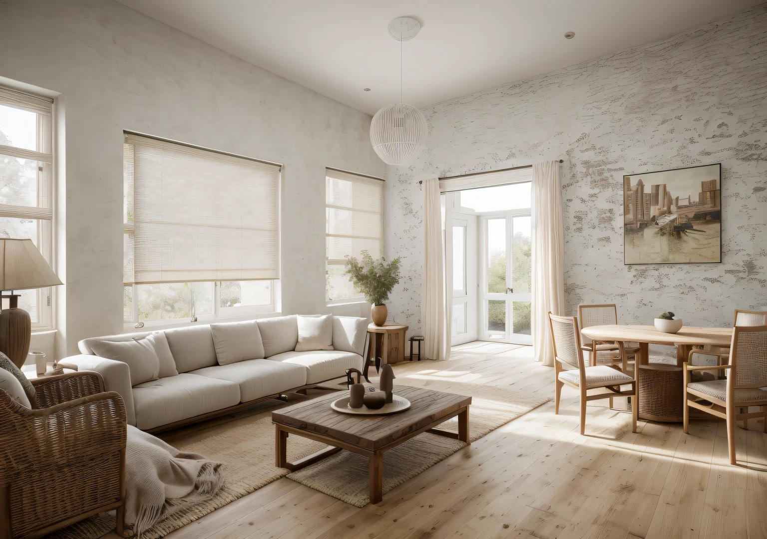 wabisabi livingroom interior, sofa, armchair, table, rug, wood floor, drapes, window, blind, white flat ceiling, stucco wall,natural light, softlight, (flat white ceiling),((masterpiece)), realistic, high quality,