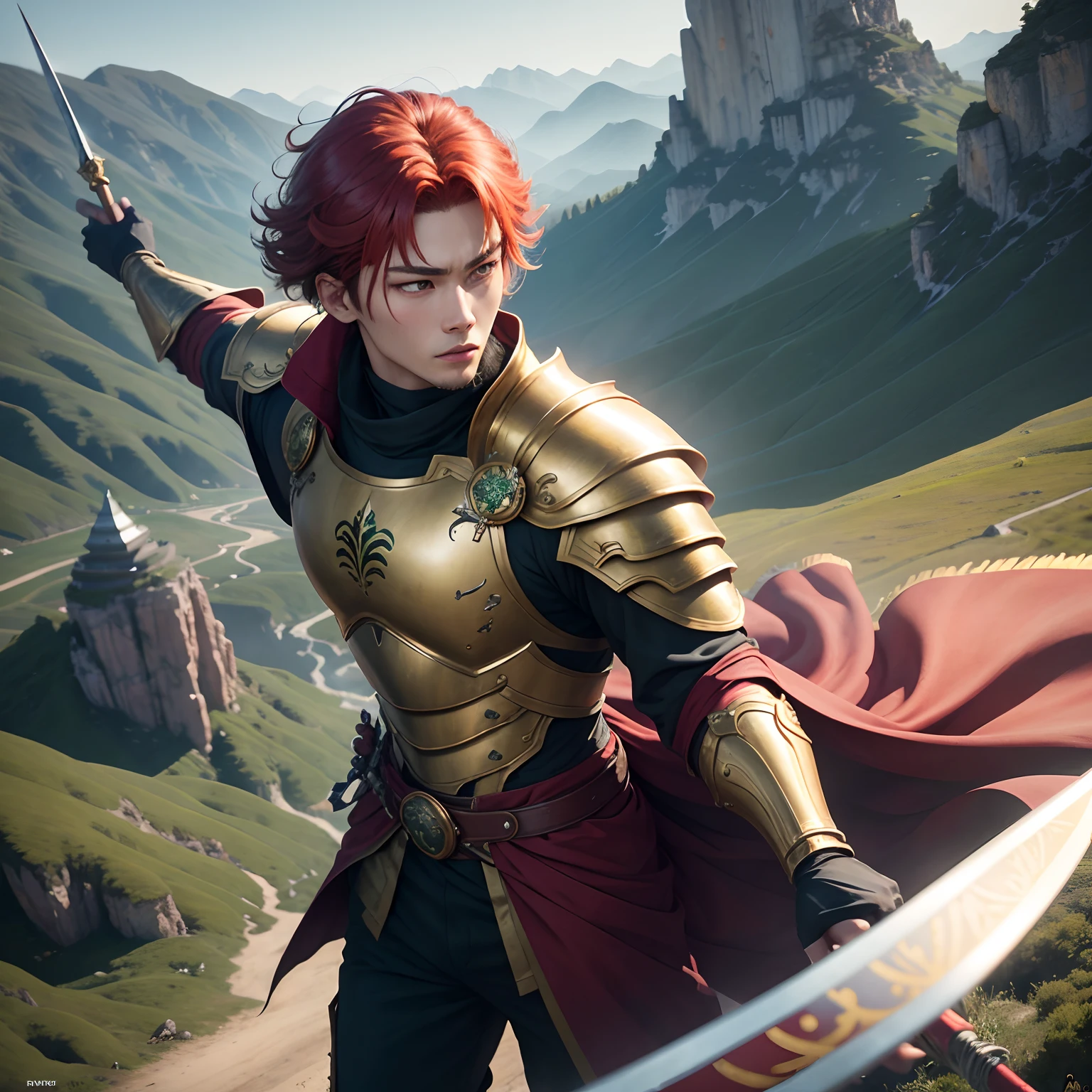Realistic photo of Yeonjun, a red-haired Korean TXT group member in which he is flying over a mountain and wearing a golden metal armor that covered half of his face, He was wielding a spear with sharp points, tinha cabelos ruivo, paisagem natural, cinematic lighthing, Battle position, poeira, serious eyes, cor dos olhos verdes