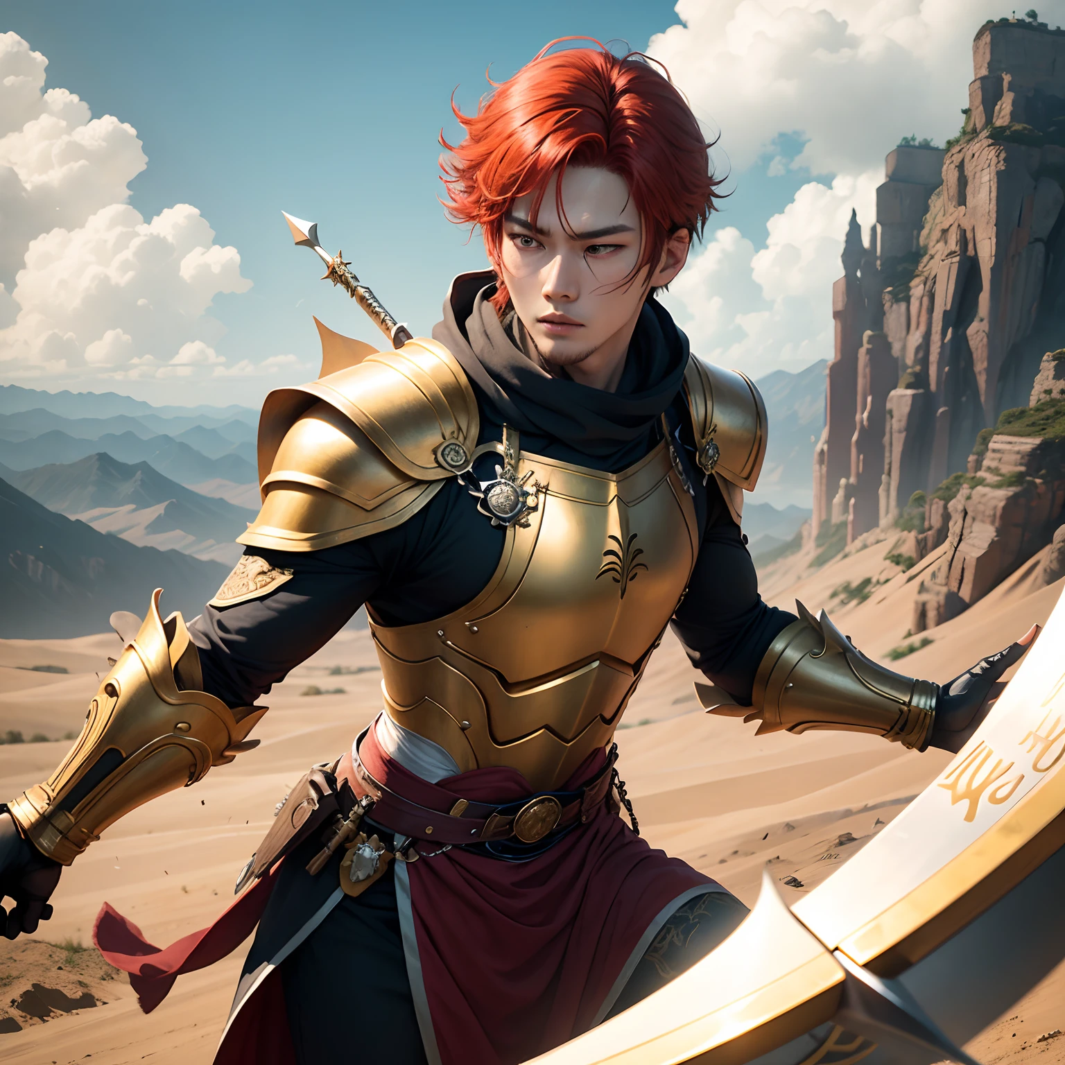 Realistic photo of Yeonjun, a red-haired Korean TXT group member in which he is flying over a mountain and wearing a golden metal armor that covered half of his face, He was wielding a spear with sharp points, tinha cabelos ruivo, paisagem natural, cinematic lighthing, Battle position, poeira, serious eyes, cor dos olhos verdes