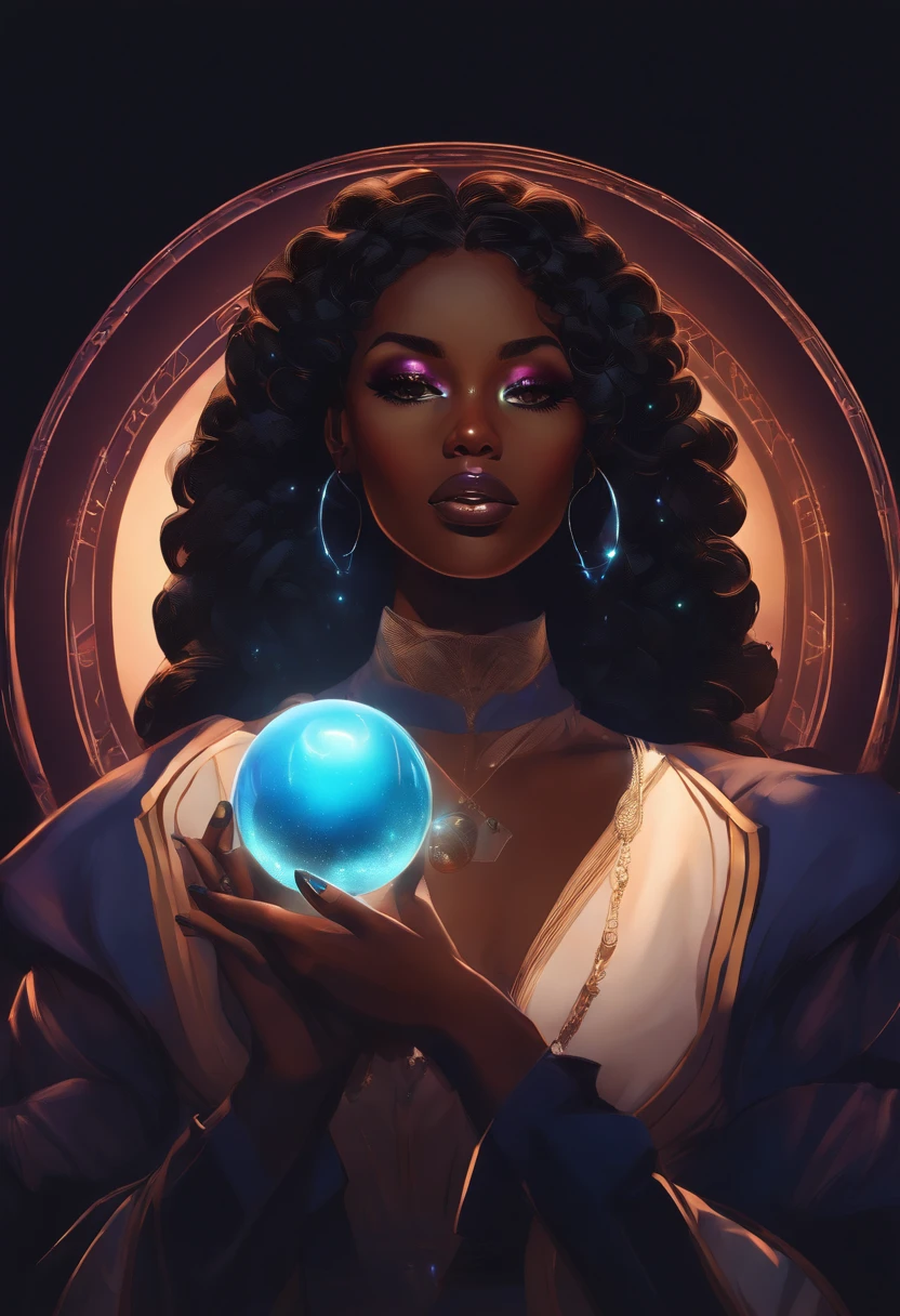 ((1fille)), Anime, cheveux noirs courts, dark skinned, verres de lunettes brillantes, mouth closed and expressionless, assis, with her hands holding a glowing orb while two other glowing spheres orbit her.