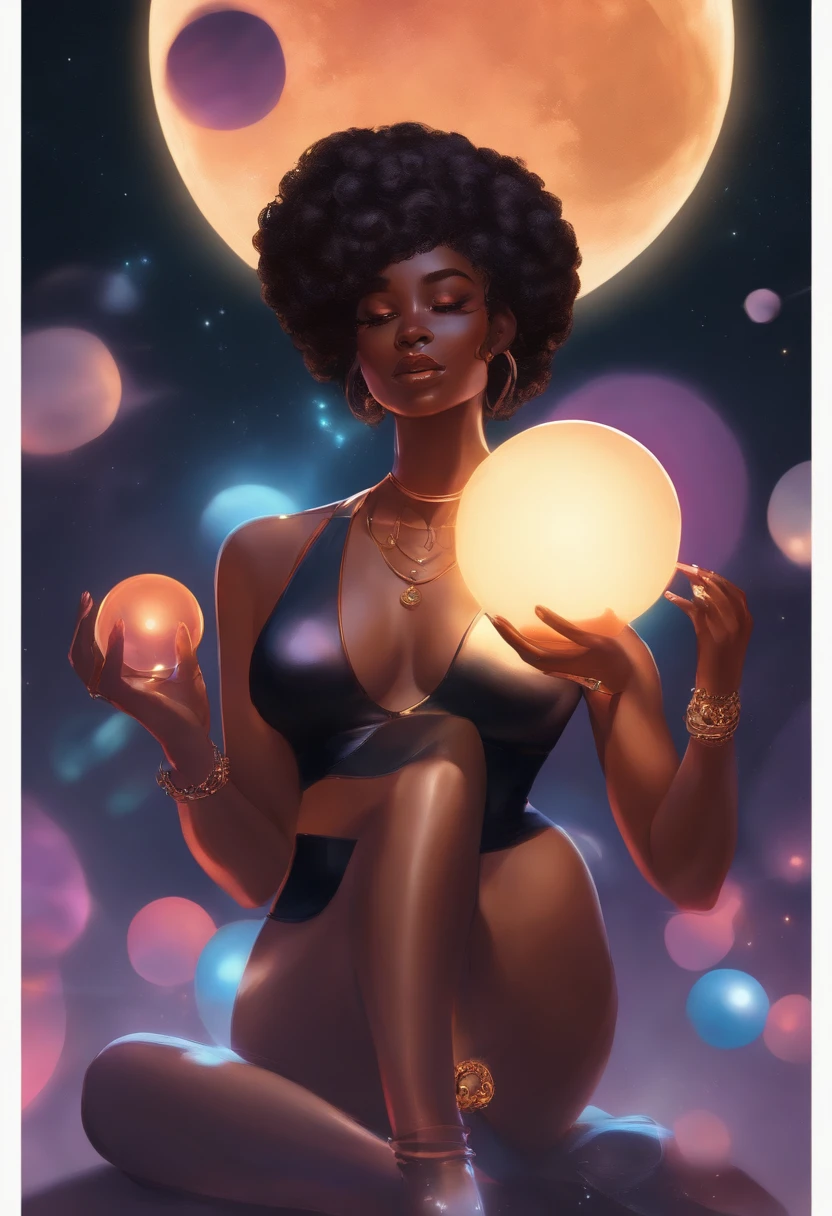 ((1fille)), Anime, cheveux noirs courts, dark skinned, verres de lunettes brillantes, mouth closed and expressionless, assis, with her hands holding a glowing orb while two other glowing spheres orbit her.