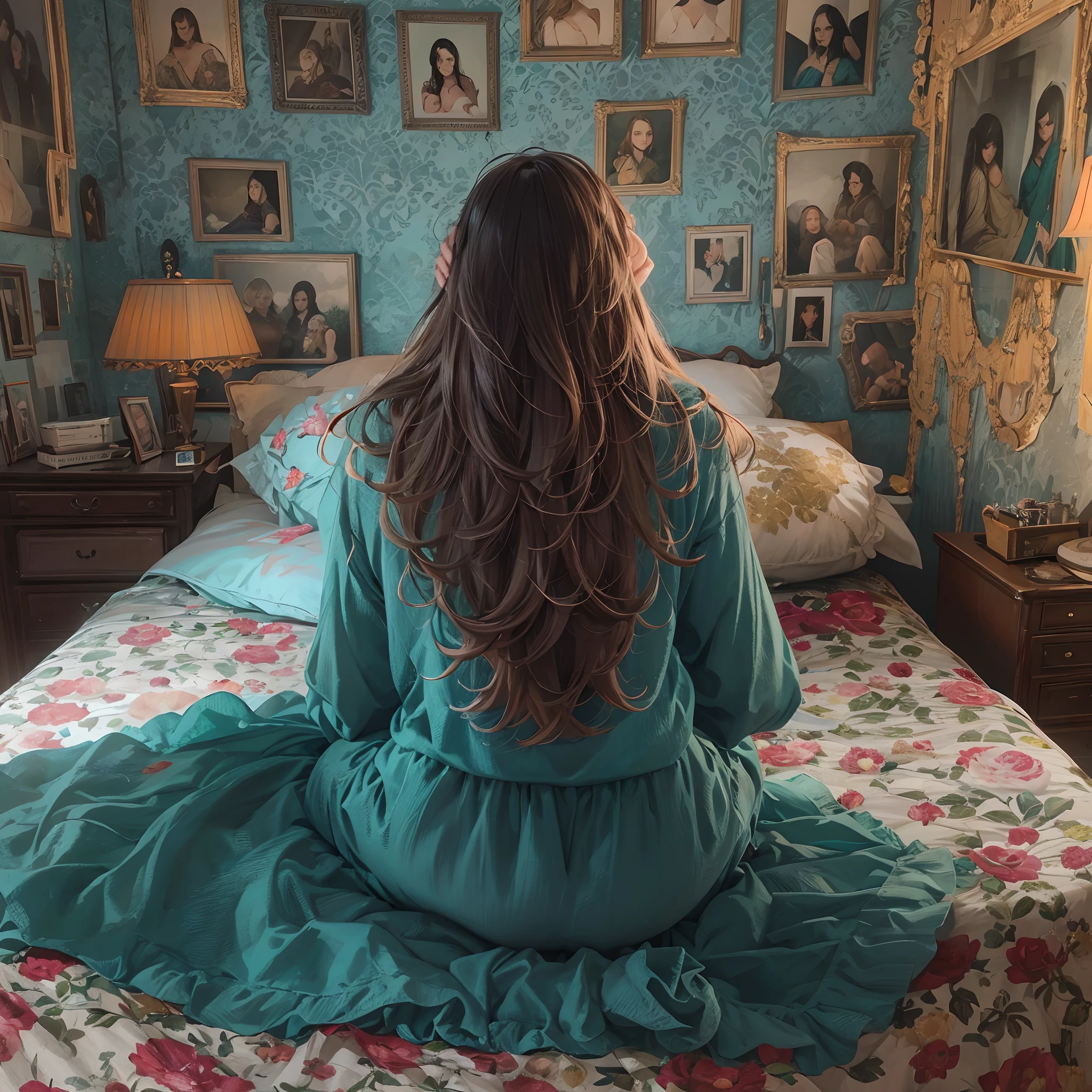 There is a woman with long hair sitting on a bed, Mulher de 60 anos de Cuba, cabelos cacheados, cabelos castanhos cacheados, ela tem cerca de 16 anos de idade, Karla Ortiz, lindo rosto latino, com longos cabelos cacheados, cabelos castanhos cacheados, cachos por cima, fernanda suarez, sem maquiagem cabelo ondulado, Parece Laura Barriales. dois Chifres azul