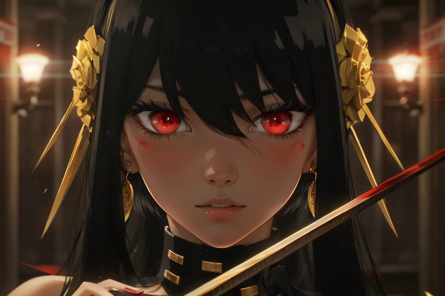 Black hair, red eyes,
