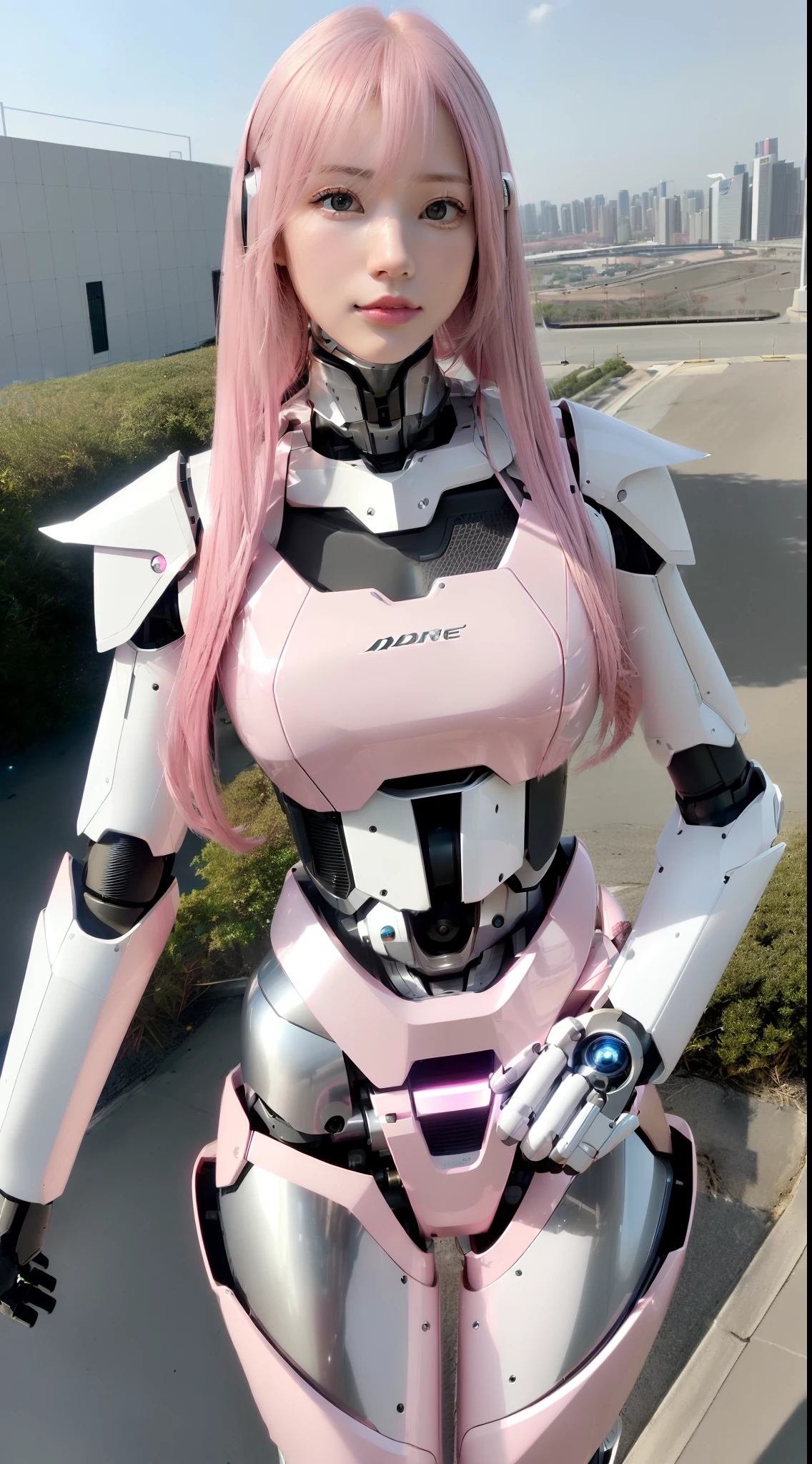 ((masutepiece)), ((top-quality), high quarity、ultra-definition, (Realistic), (well proportioned face)、fulcolor 、(scientific fiction)、独奏、Beautiful robot woman、((Perfect robot joint))、(((machine components)))、((Large electronic substrate))、(White porcelain mechanical armor)、(Curvaceous face)、(Both eyes of the camera lens)、thin mouth、deadpan、pink straight hair、((High quality machine hand))、(Outside the city)、High quality robot legs