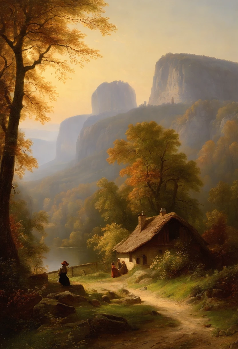 Painting of a river with a house, Romantic landscape of Saxon Switzerland,  inspiriert von Carl Hilger, Albert Bierstadt 4 K, Romantik Landschaftsmalerei, Hudson River Schule, von August Friedrich Schenck, von Alexander Nasmyth, von Robert S. Duncanson, Alpine landscape with hut, by Joseph von Führich, Ludwig Richter Landschaft, warmes Herbstlicht, Licht und Schatten, Woman in red dress sitting in foreground at the foot of a tree in sunlight, Wanderer laufen auf dem Weg, Licht und Schatten