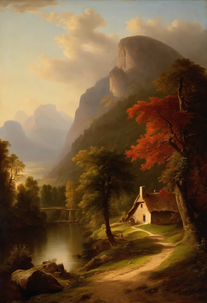 Painting of a river with a house, Romantic landscape of Saxon Switzerland, inspiriert von Carl Hilger, Albert Bierstadt 4 K, Romantik Landschaftsmalerei, Hudson River Schule, von August Friedrich Schenck, von Alexander Nasmyth, von Robert S. Duncanson, Alpine landscape with hut, by Joseph von Führich, Ludwig Richter Landschaft, warmes Herbstlicht, Licht und Schatten, Woman in red dress sitting in foreground at the foot of a tree in sunlight, Wanderer laufen auf dem Weg, Licht und Schatten