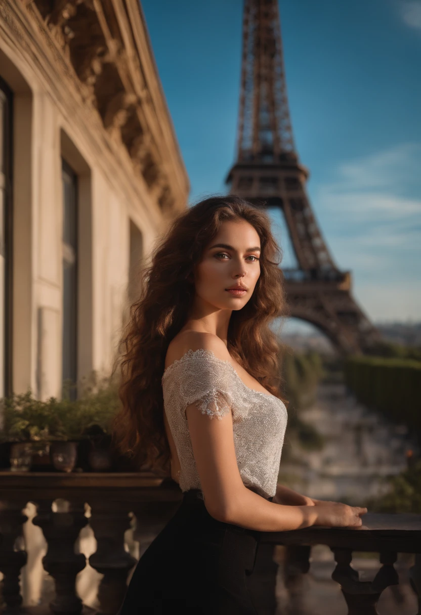 arafed woman with black clothes, girl with brown eyes, portrait sophie mudd, long curly messy brown hair and large eyes, bedroom eyes, violet myers, without makeup, natural makeup, looking directly at the camera, face with artgram, subtle makeup, stunning full body shot, on a balcony having Eiffel Tower behind her, small cleavage