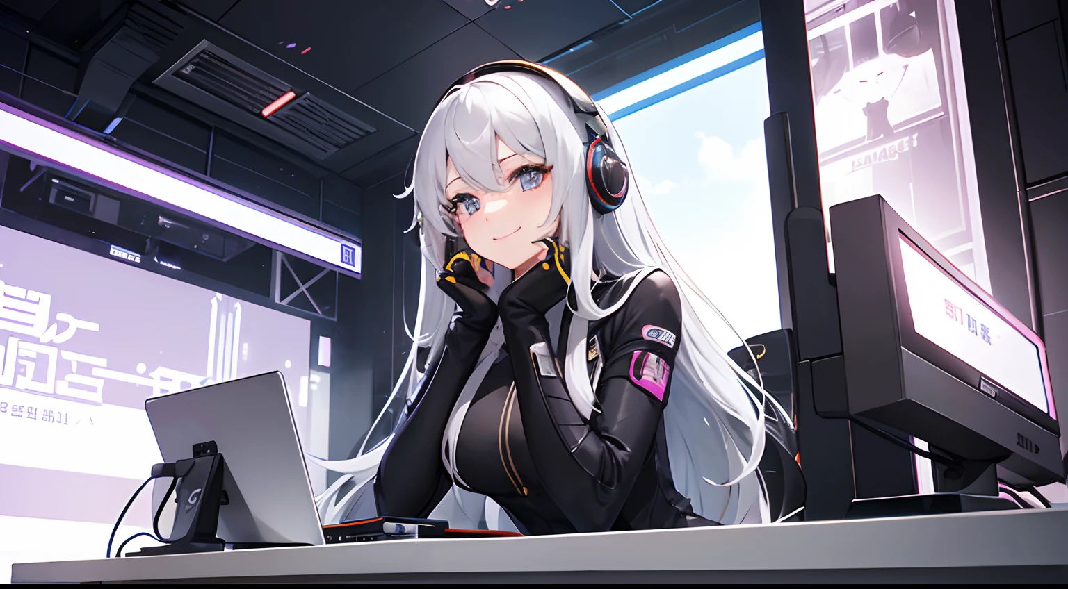 Woman using computer with big screen、silber hair、Semi-long hair、A smile,Wearing cool headphones,{{{{{{{{ Black Parker Oversize }}}}}}}},beautiful and delicate golden eyes,