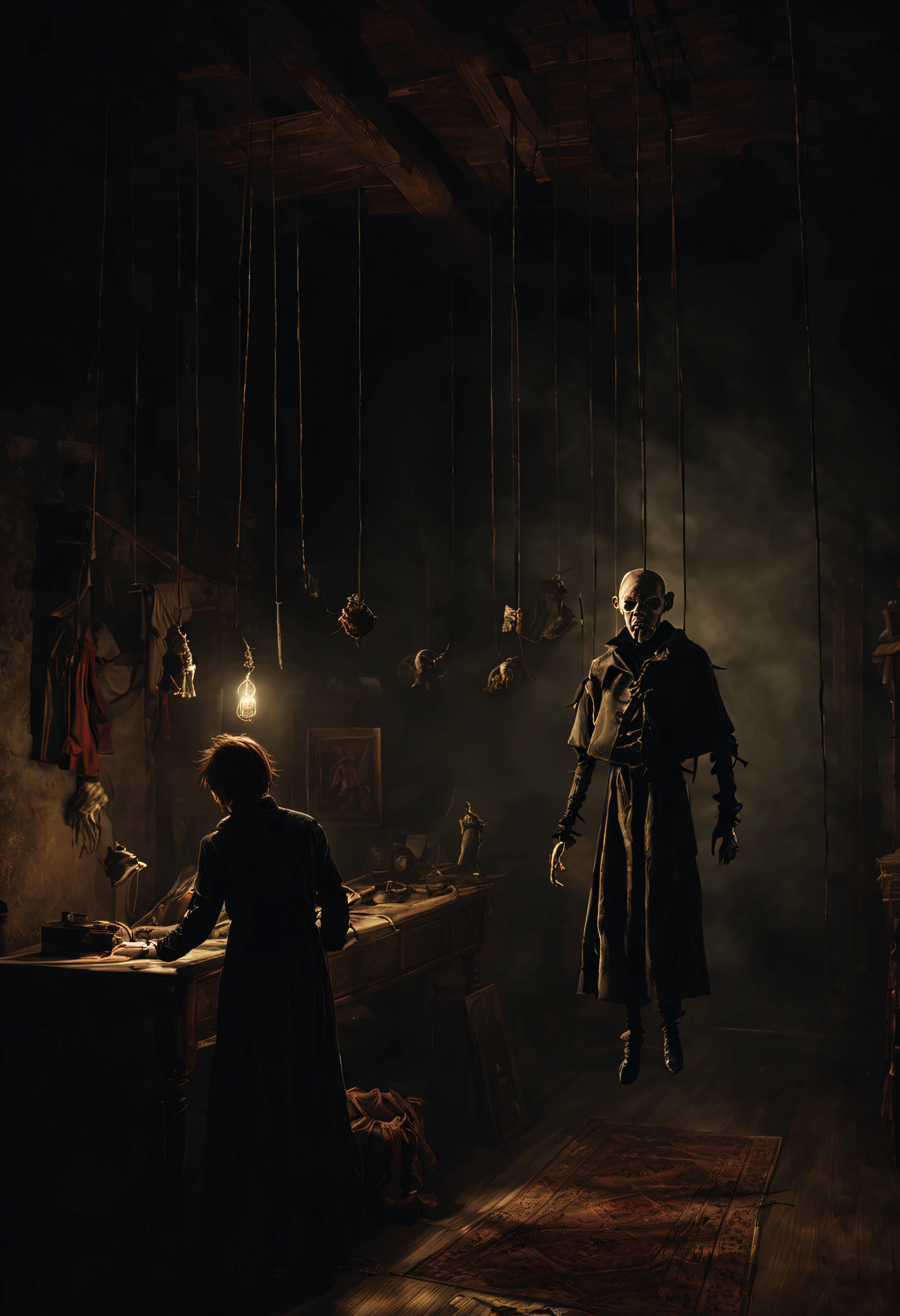 Craft an image of a puppetmaster whose creations have come to life, their hanging strings controlled by a sinister figure lurking in the shadows, pulling the strings of fate, ultra wide shot, fantasy horror art, photorealistic dark concept art, in style of dark fantasy art, detailed 4k horror artwork, stefan koidl inspired, ((stefan koidl))