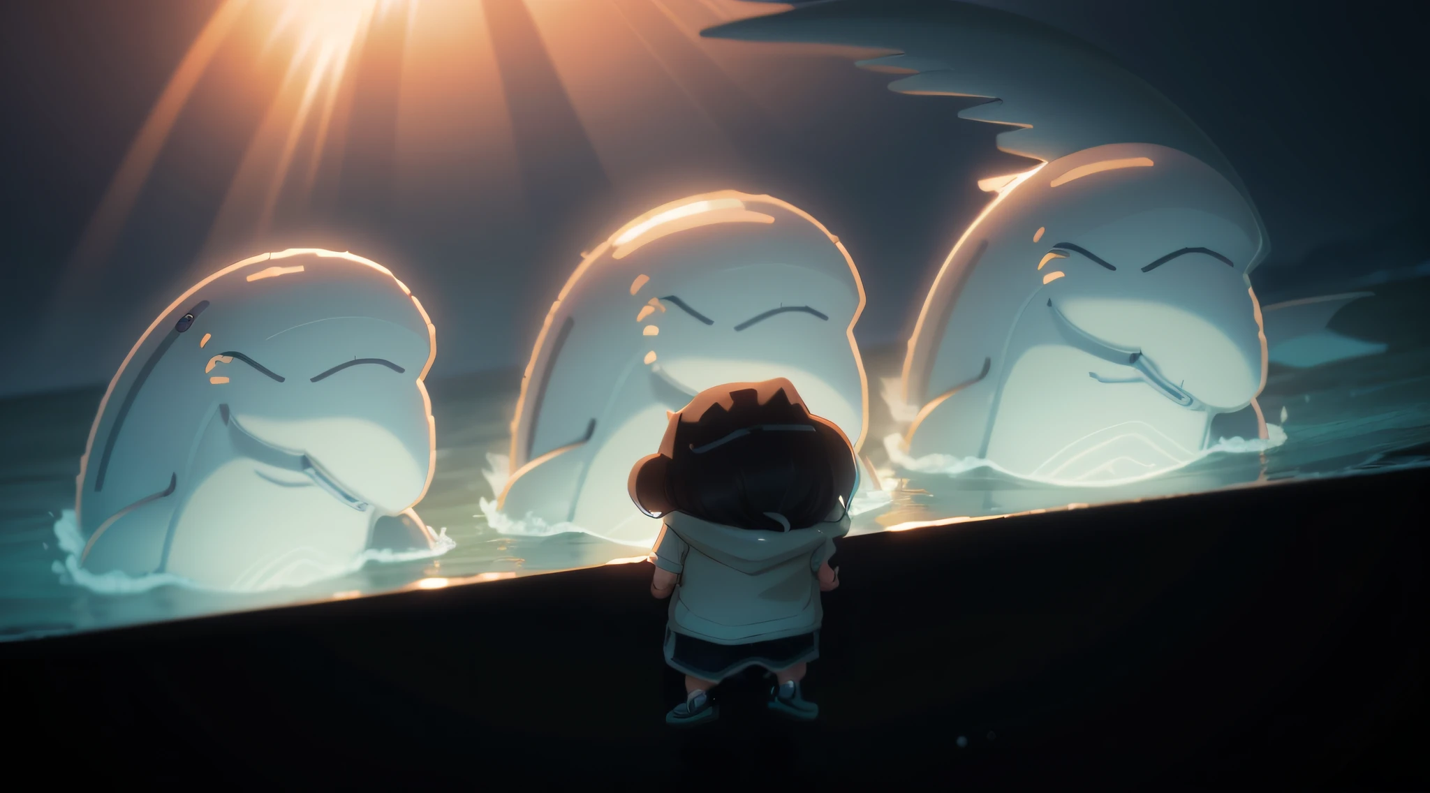 cartoon of a man riding a dolphin in the ocean with a boat, inspired by Ke Jiusi, toon, soami, tsunami behind him, by Murakami, cartoon still, super, cartoon image, title, safebooru anime image, subreddit / r / whale, official art, ghailan!, kawaai, cartoon, madotsuki, masterpiece, top-quality, (extremely detailed CG unified 8k wallpaper) (top-quality), (The best illustrations), (best shade)、