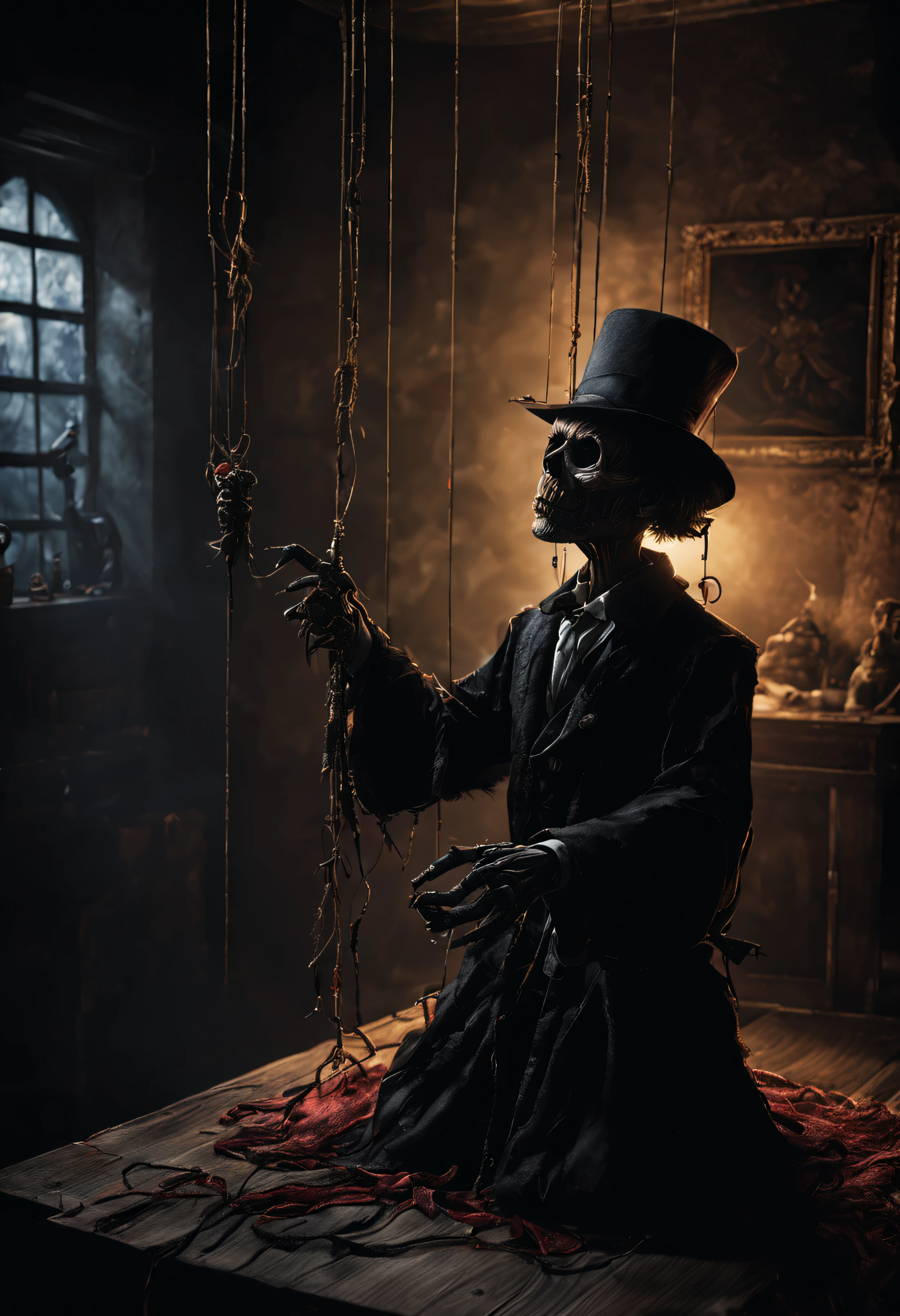 Craft an image of a puppetmaster whose creations have come to life, their hanging strings controlled by a sinister figure lurking in the shadows, pulling the strings of fate, ultra wide shot, fantasy horror art, photorealistic dark concept art, in style of dark fantasy art, detailed 4k horror artwork, stefan koidl inspired, ((stefan koidl))