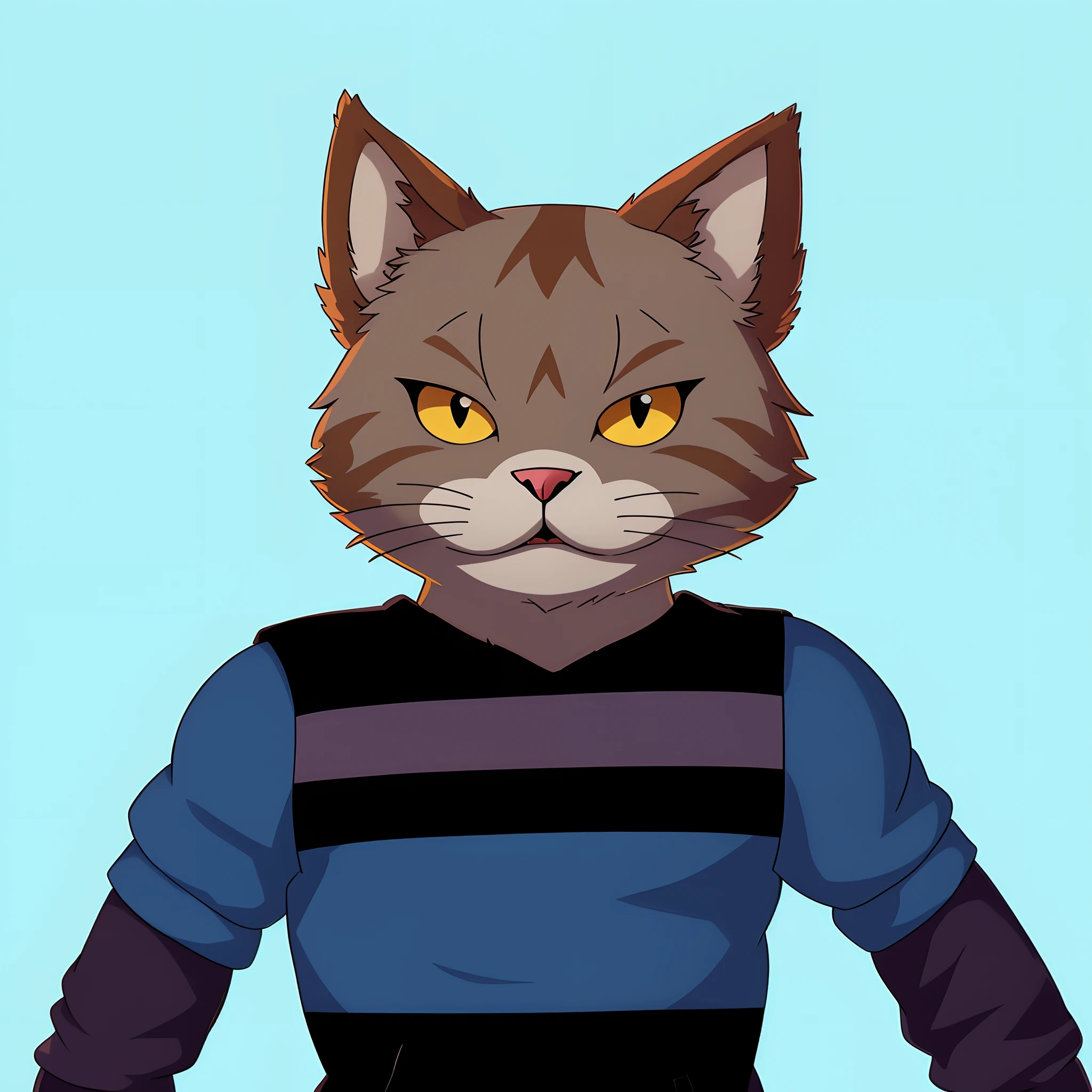 There's a cat with a blue shirt and a black vest, Retrato de personagem peludo, um Clube do Gato, personagem peludo, Clube do Gato, Personagem altamente detalhado, anthropomorphic female cat, Gatopomórfico Club, Retrato de um clube, generic furry style, bonito weasel fursona retrato, sem linha, ninja do Clube do Gatomorfo