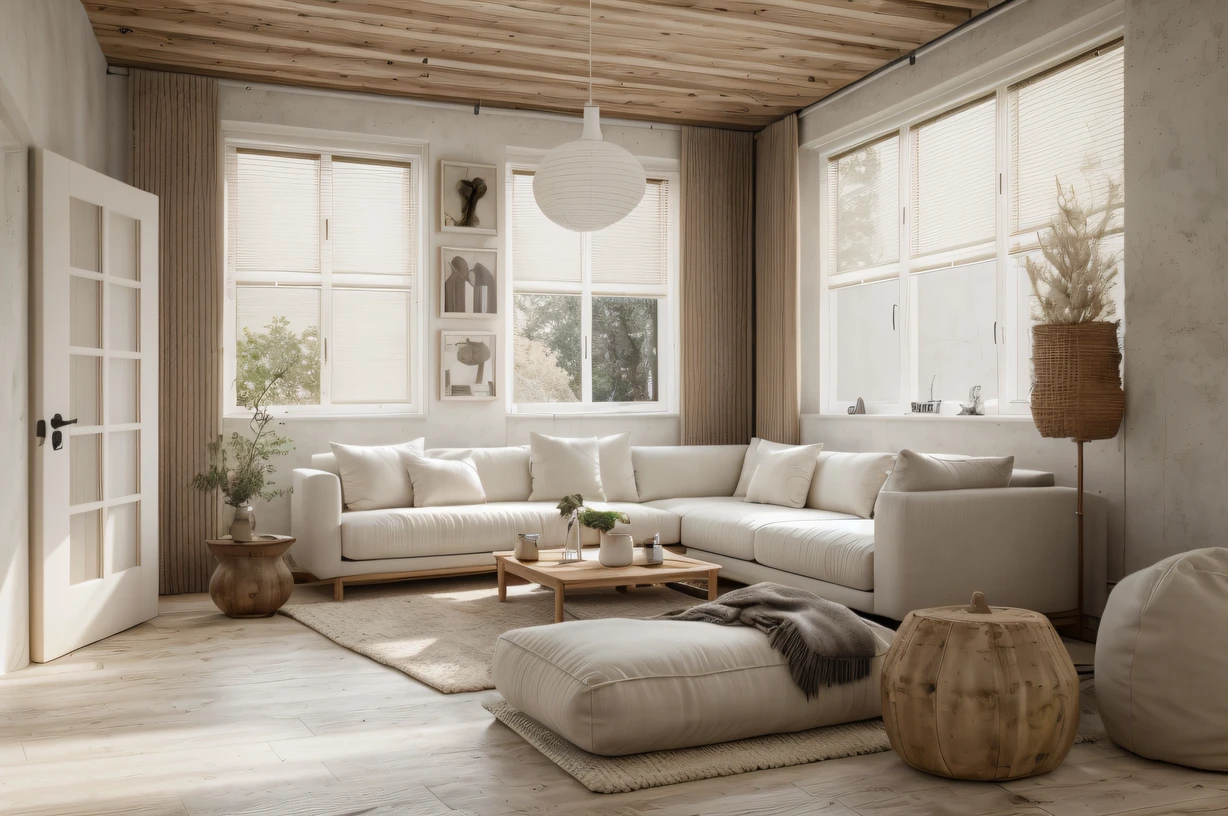 wabisabi livingroom interior, sofa, armchair, table, rug, wood floor, drapes, window, blind, white flat ceiling, stucco wall,natural light, softlight, (flat white ceiling),((masterpiece)), realistic, high quality,