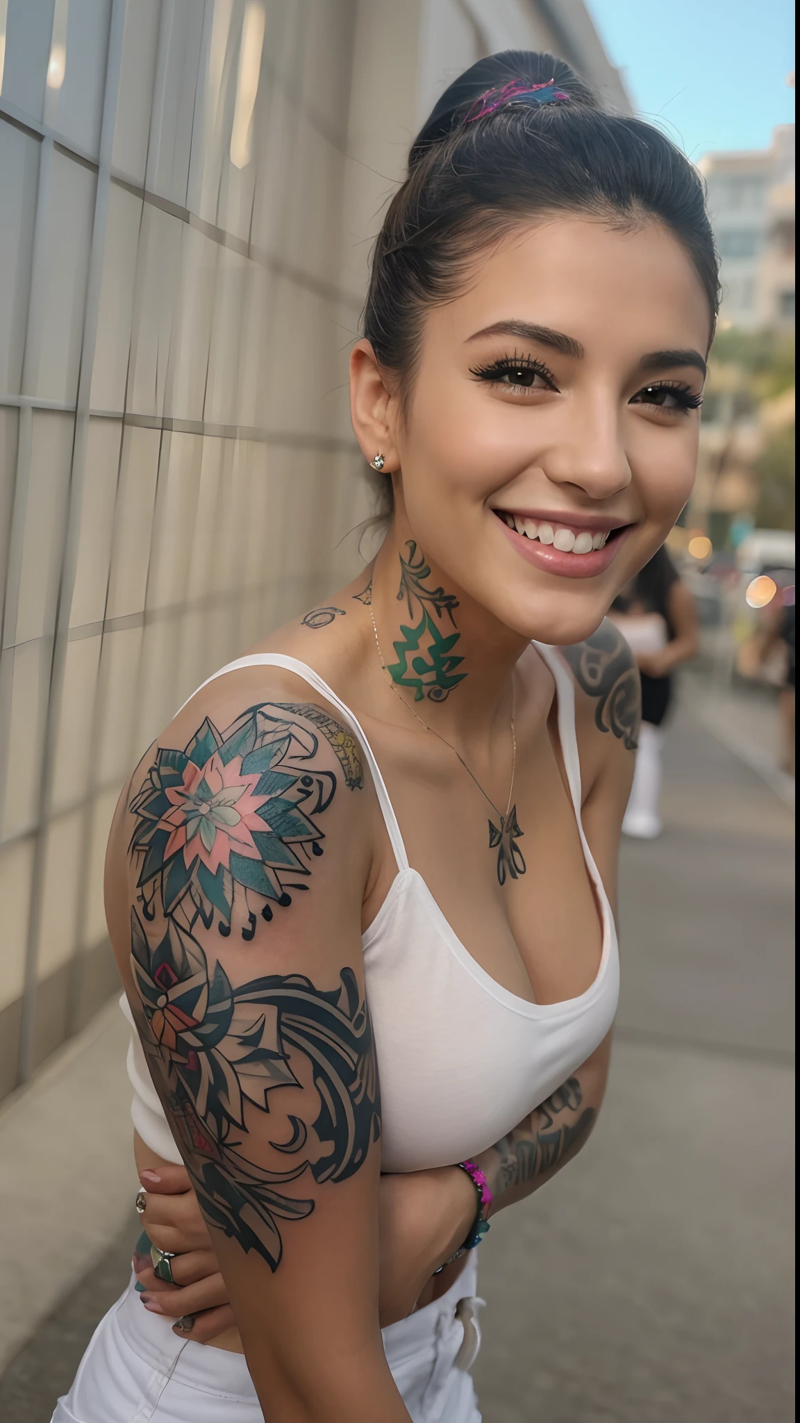 Woman with a tattoo on her arm and a smile, very realistic, Ultra - realista e intrincado, tattoo sleeve on her right arm, muito realista, bonito e realista, altamente realista e intrincado, tatuagem hiper-realista, Tony Sandoval. Realistic, extremely realistic, tatuagem hiper realista, muito muito realista, tatuagem altamente detalhada, corpo superior realista bonito