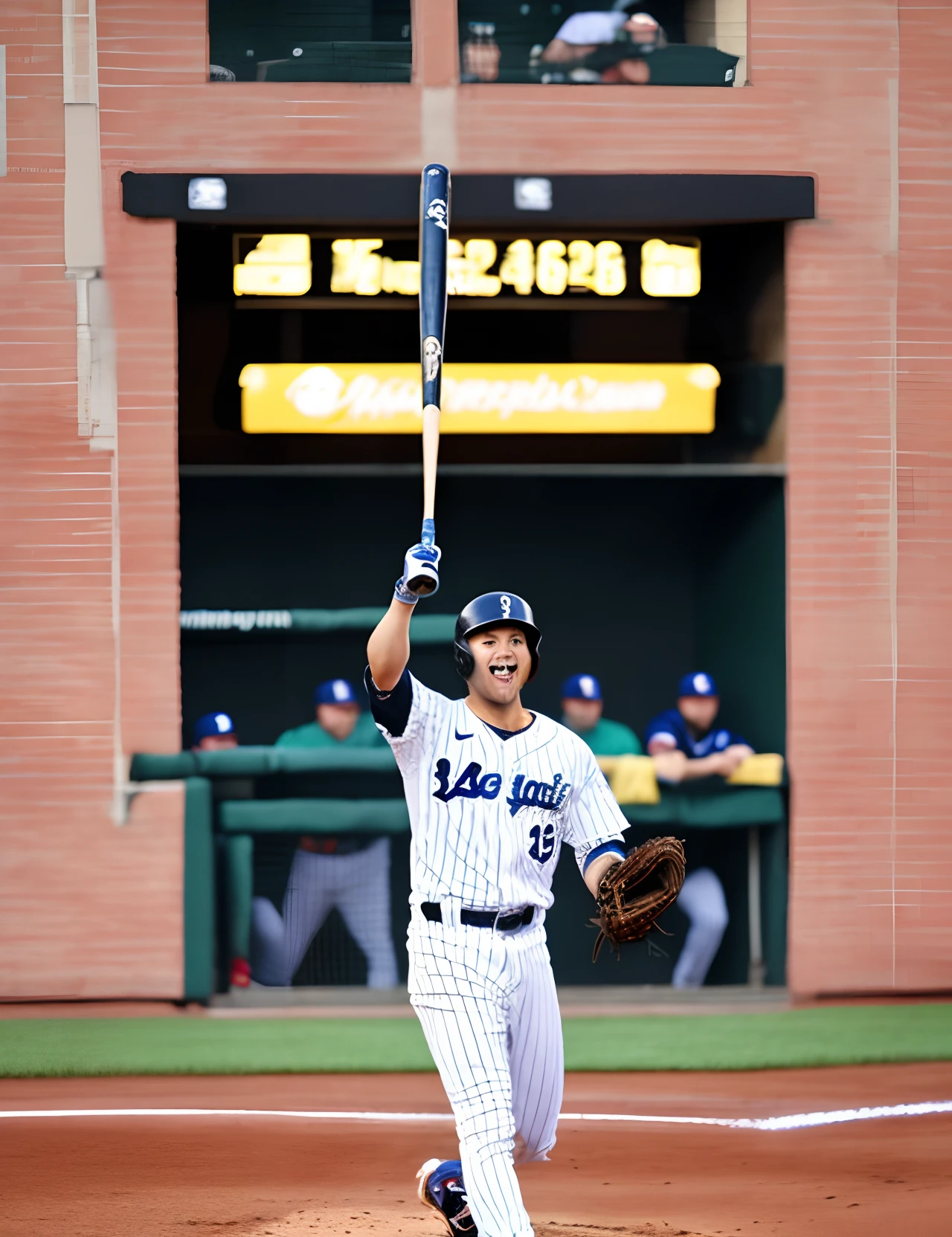 catss、Cat Pro Baseball、Vertical striped uniform、Scottish Fold cat、baseball field、Top image quality、Hit a soaring home run、The best smile、Guts Pose、Raise both hands