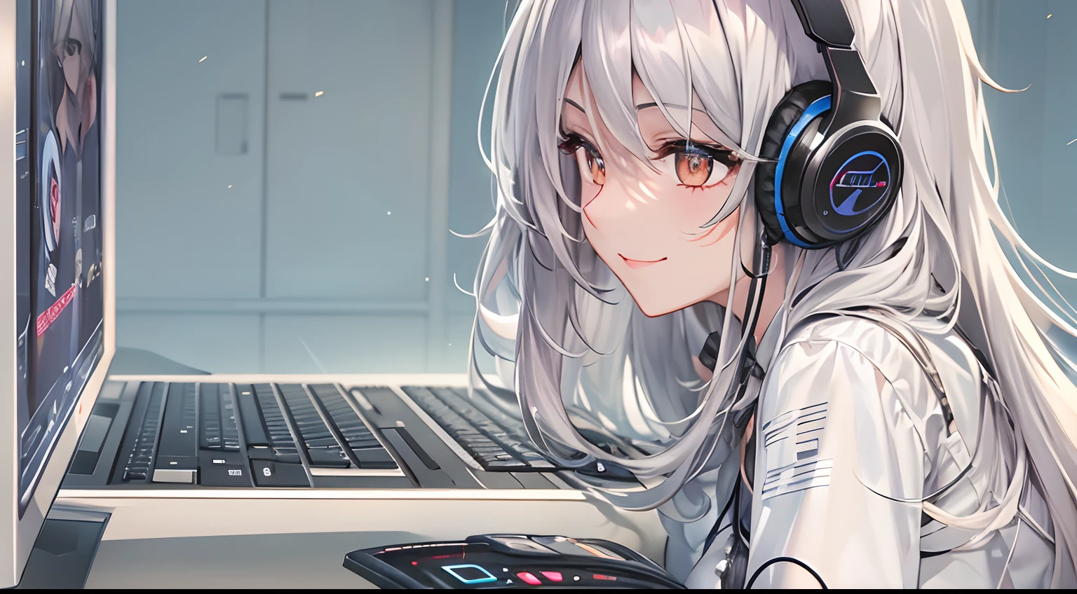 Woman using computer with big screen、silber hair、Semi-long hair、A smile,Wearing cool headphones,{{{{{{{{ Black Parker Oversize }}}}}}}},beautiful and delicate golden eyes,