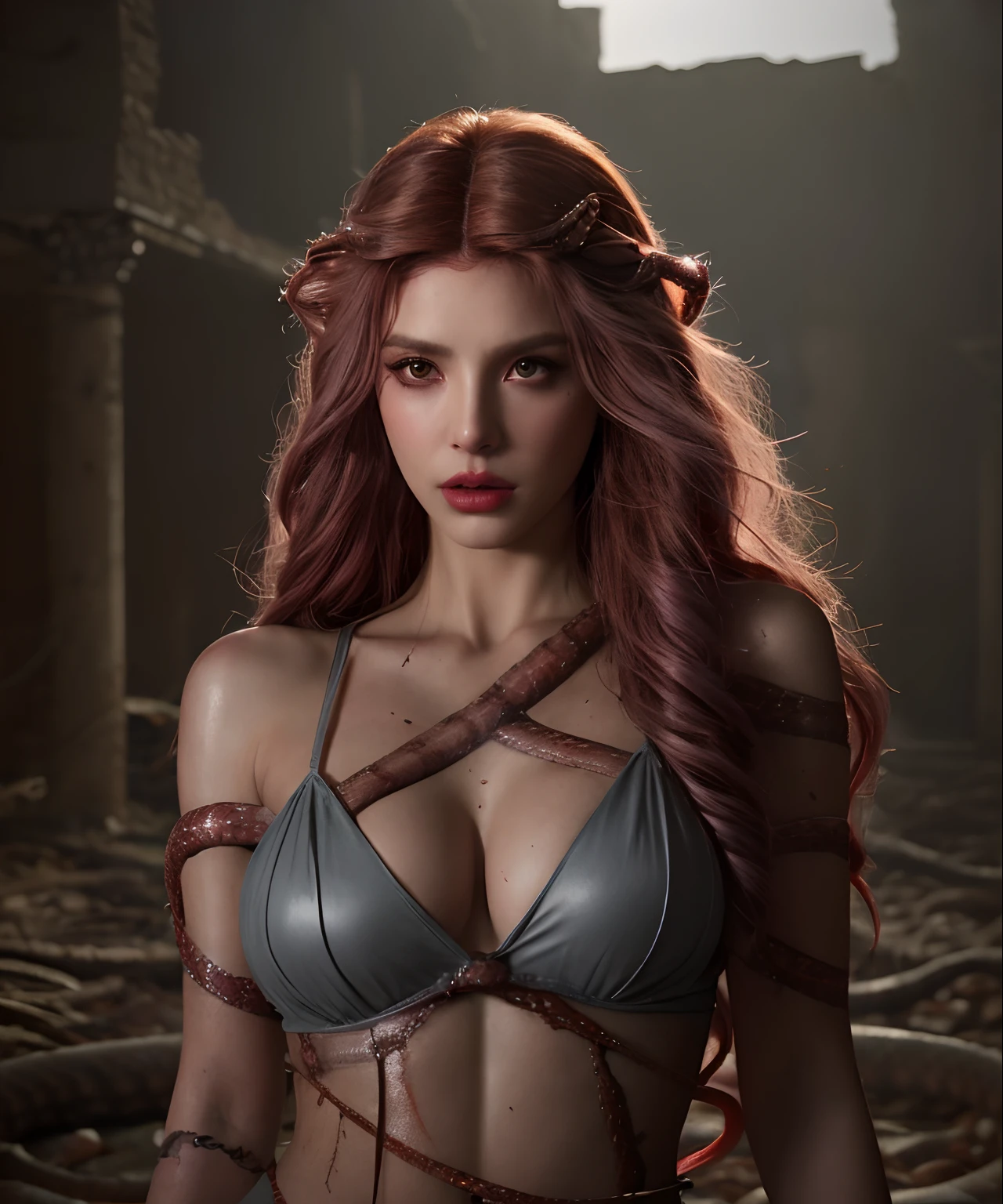 80mm, Lightroom, foto profissional de ((Medusa)) Walking through a ruin with blood on your body ((Snakes sticking out of your head instead of hair)), Wojtek FUS, Cosplay realista, deviantart artstation cgscosiety, arte conceitual ultra realista, amouranth as a super villain, angry expression, Cassdawnlvl1, (hiperdetalhado), 8K HDR, alto detalhamento, muitos detalhes, alta qualidade, soft Cinematic Light, Grey Slate, Cinematic colors, brilhante, hot lightning