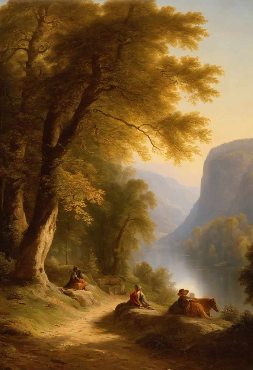 Painting of a river with a house, Romantic landscape of Saxon Switzerland, inspiriert von Carl Hilger, Albert Bierstadt 4 K, Romantik Landschaftsmalerei, Hudson River Schule, von August Friedrich Schenck, von Alexander Nasmyth, von Robert S. Duncanson, Alpine landscape with hut, by Joseph von Führich, Ludwig Richter Landschaft, warmes Herbstlicht, Licht und Schatten, Woman in blue dress sitting in foreground at the foot of a tree in sunlight, Wanderer laufen auf dem Weg, Licht und Schatten