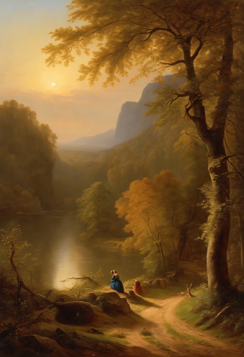 Painting of a river with a house, Romantic landscape of Saxon Switzerland,  inspiriert von Carl Hilger, Albert Bierstadt 4 K, Romantik Landschaftsmalerei, Hudson River Schule, von August Friedrich Schenck, von Alexander Nasmyth, von Robert S. Duncanson, Alpine landscape with hut, by Joseph von Führich, Ludwig Richter Landschaft, warmes Herbstlicht, Licht und Schatten, Woman in blue dress sitting in foreground at the foot of a tree in sunlight, Wanderer laufen auf dem Weg, Licht und Schatten