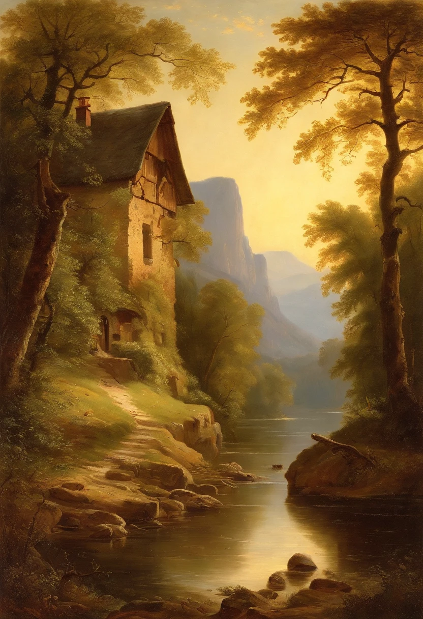 Painting of a river with a house, Romantic landscape of Saxon Switzerland, inspiriert von Carl Hilger, Albert Bierstadt 4 K, Romantik Landschaftsmalerei, Hudson River Schule, von August Friedrich Schenck, von Alexander Nasmyth, von Robert S. Duncanson, Alpine landscape with hut, by Joseph von Führich, Ludwig Richter Landschaft, warmes Herbstlicht, Licht und Schatten, Woman in blue dress sitting in foreground at the foot of a tree in sunlight, Wanderer laufen auf dem Weg, Licht und Schatten